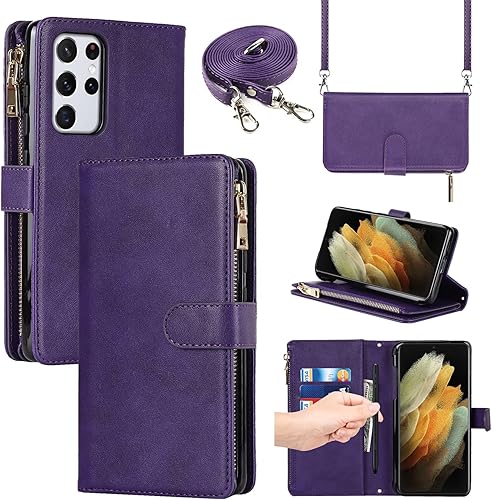 Jaorty Funda tipo cartera para Samsung Galaxy S21 Ultra 5G con soporte para ranura para S-Pen 9 ranuras para tarjetas Correa de hombro ajustable