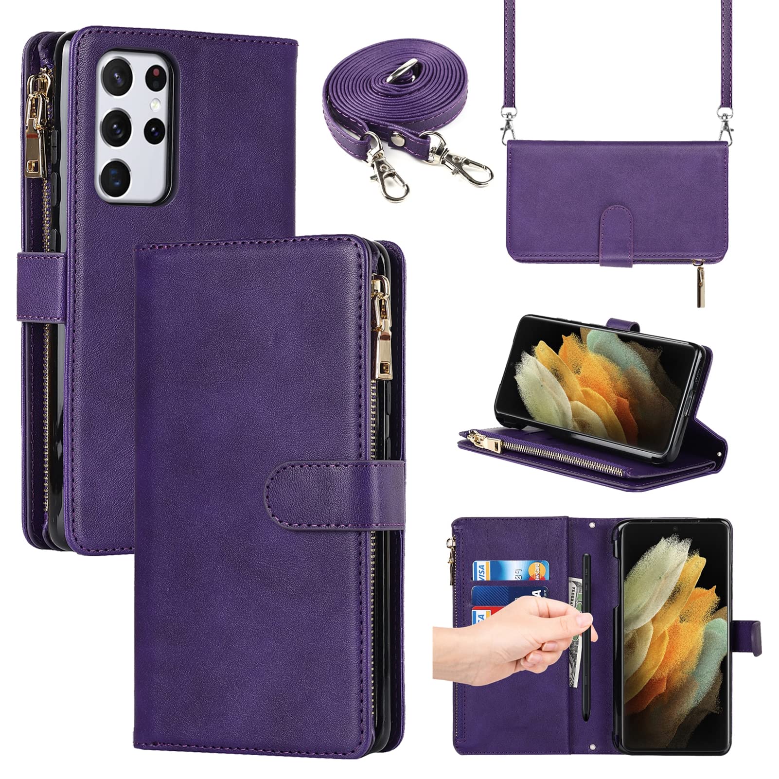 Jaorty Phone Case for Samsung Galaxy S21 Ultra 5G Wallet Case for Women with S-Pen Slot Holder,[9 Card Slots] Crossbody Necklace Lanyard Shoulder Strap Zipper Magnetic Leather Case, 6.8" Purple