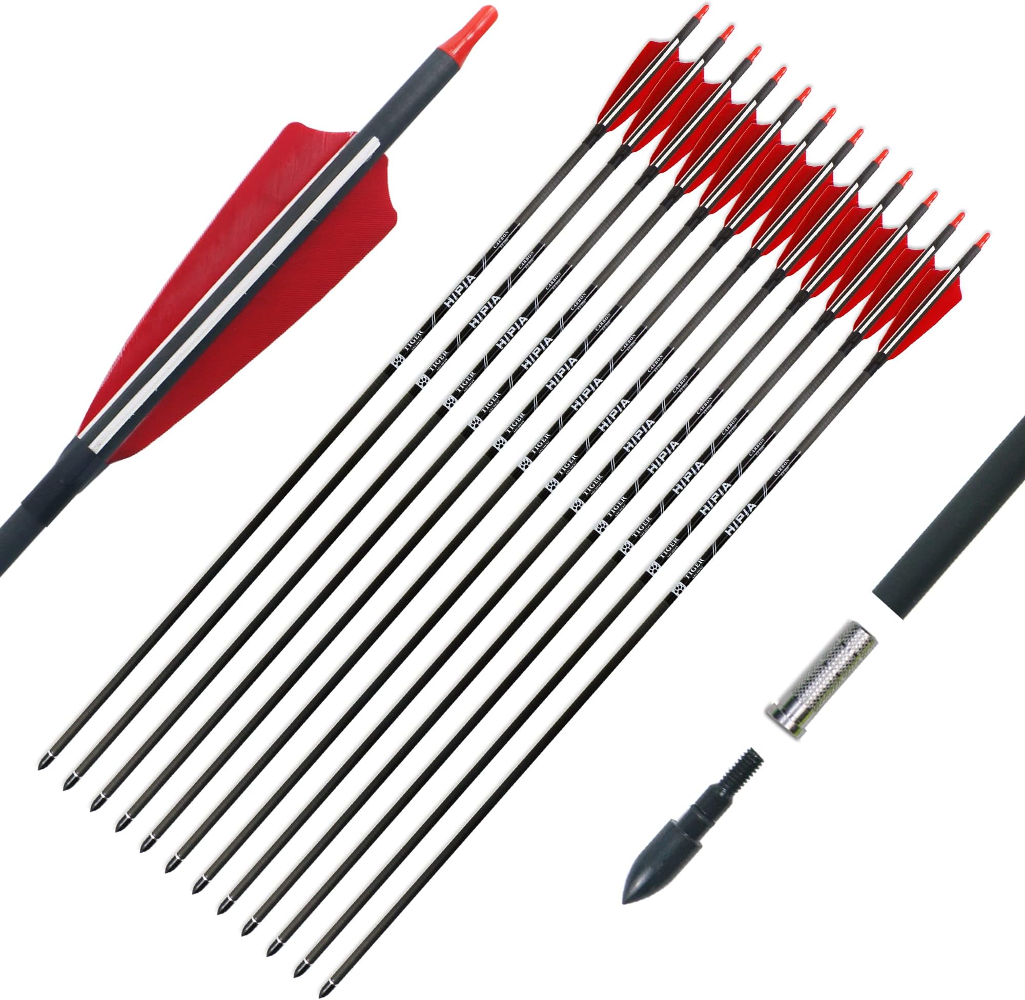 30" Carbon Hunting Arrows Archery Target Practice Arrows with 4" Natural Turkey Feathers Spine 400 for Recurve Bow and Compound Bow(Pack of 12)