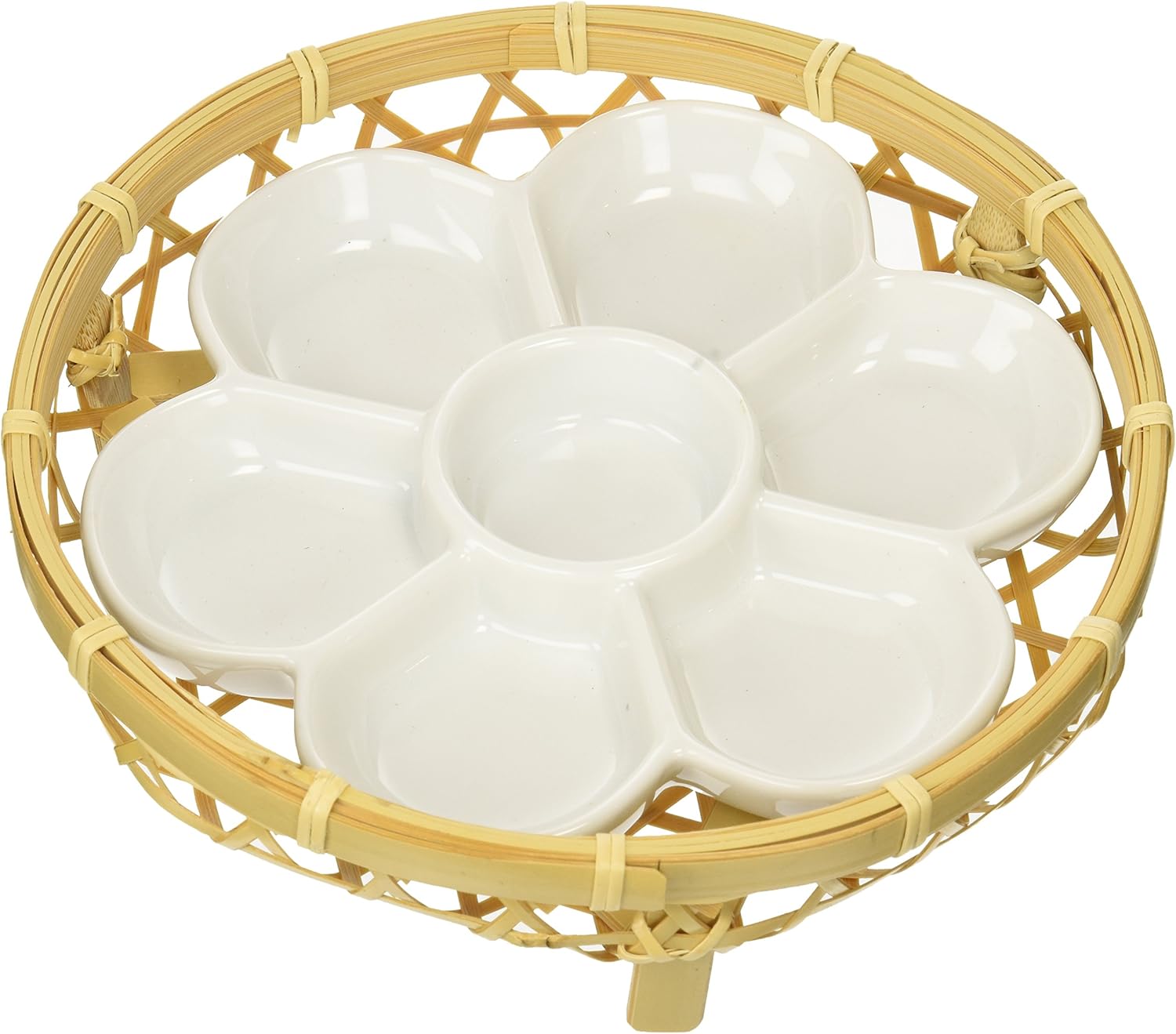 ヤマコー Yamako 24930 Mini Hors D'Oeuvre Dish with White Bamboo Feet, Basket and Ceramic Set