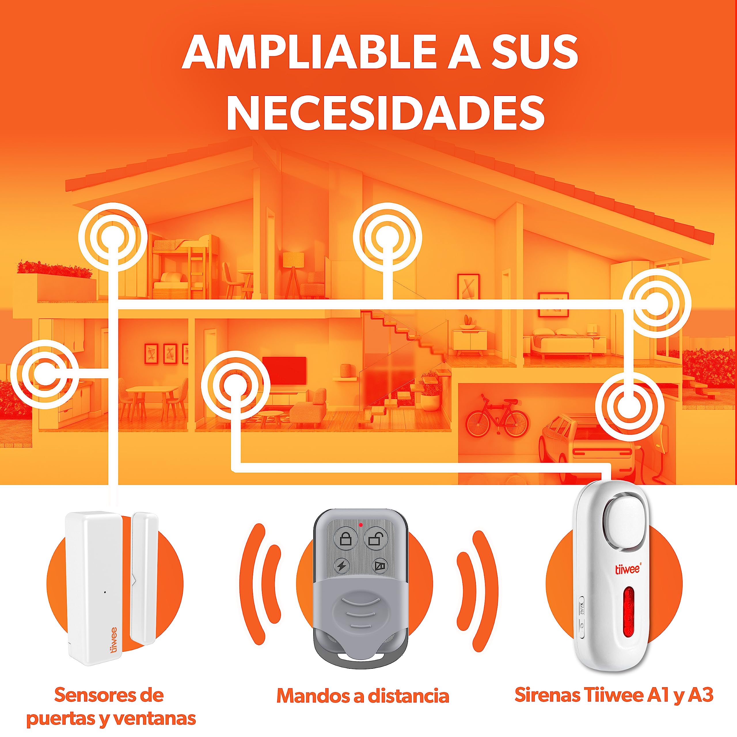 tiiwee A1 Sistema de Alarma para Casa – Sirena 120 dB, 2 Sensores para Puertas/Ventanas, Control Remoto – Inalámbrico, Fácil de Instalar, Funciona con Pilas, Ampliable para Hogar o Garaje