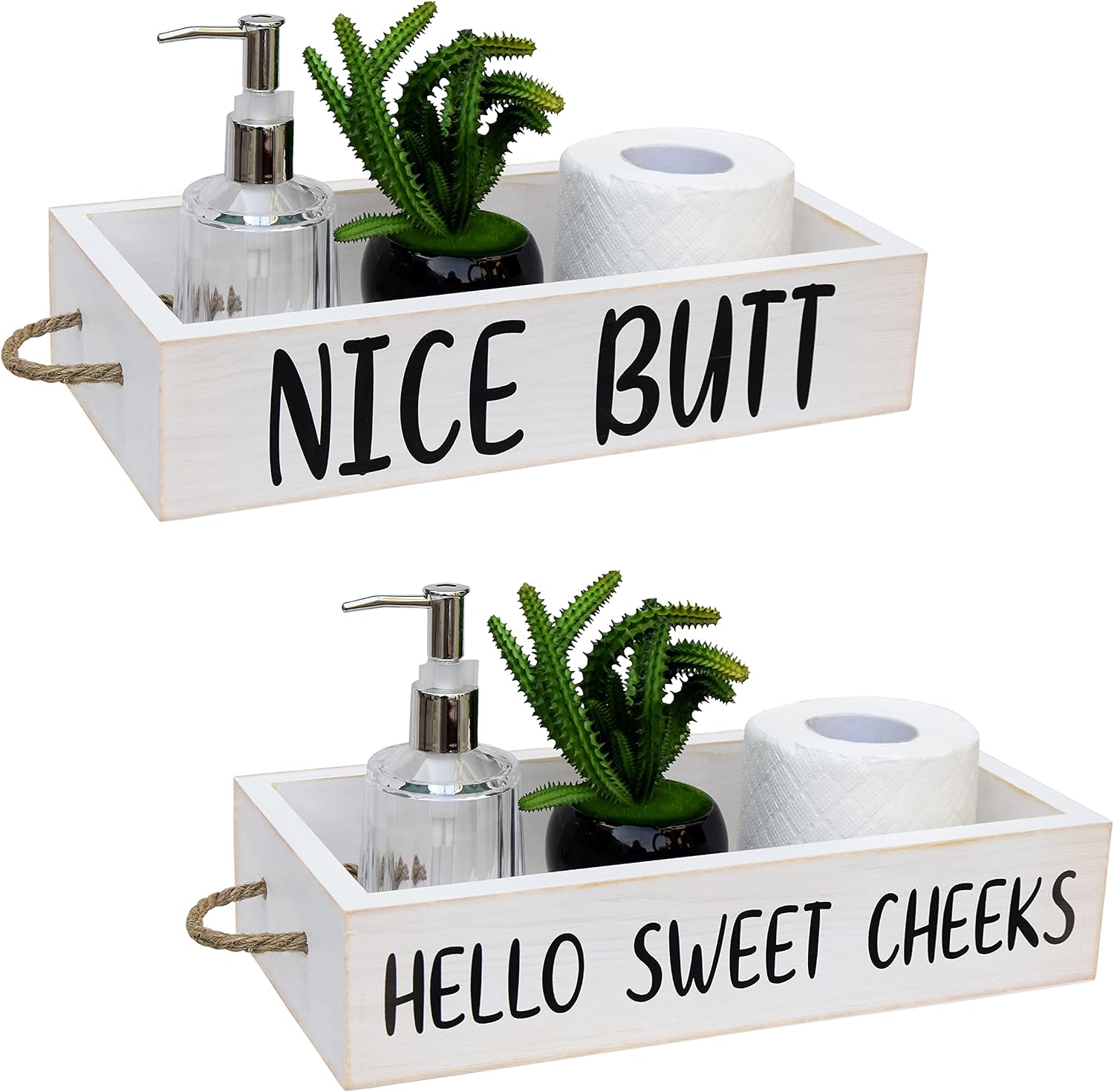 Nice Butt Bathroom Decor Box, 2 Sides with Funny Sayings -Perfect for Farmhouse Bathroom Decor, Rustic Bathroom Decor, Funny Toilet Paper Holder -Toilet Paper Storage, Bathroom Signs (White)