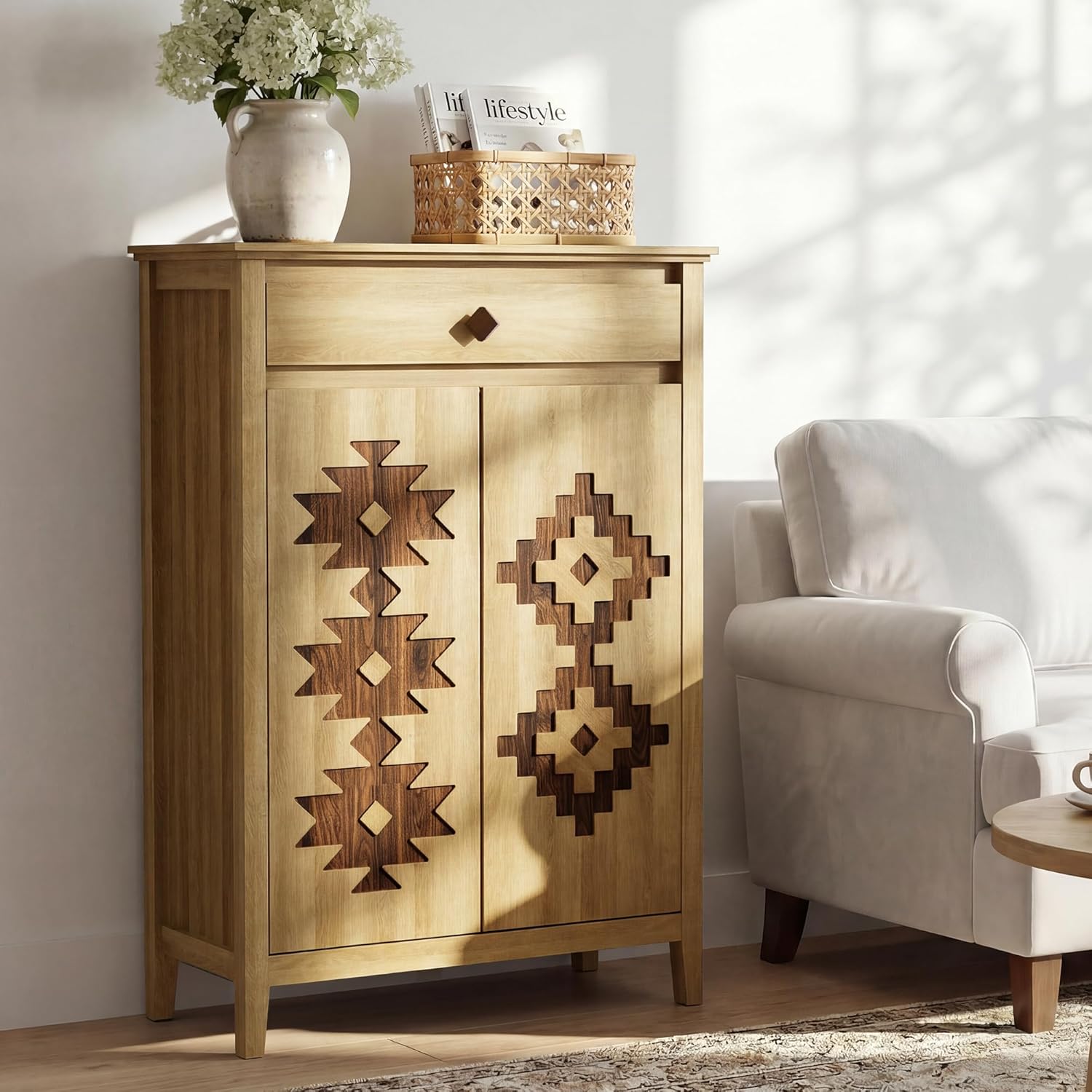 5-Tier Shoe Cabinet with Drawers, Wooden Shoe Storage Cabinet with Adjustable Shelves,Simple Tribal Style Freestanding Walnut Shoe Cabinet Suitable for Entrance,Corridor,Cloakroom,Natural