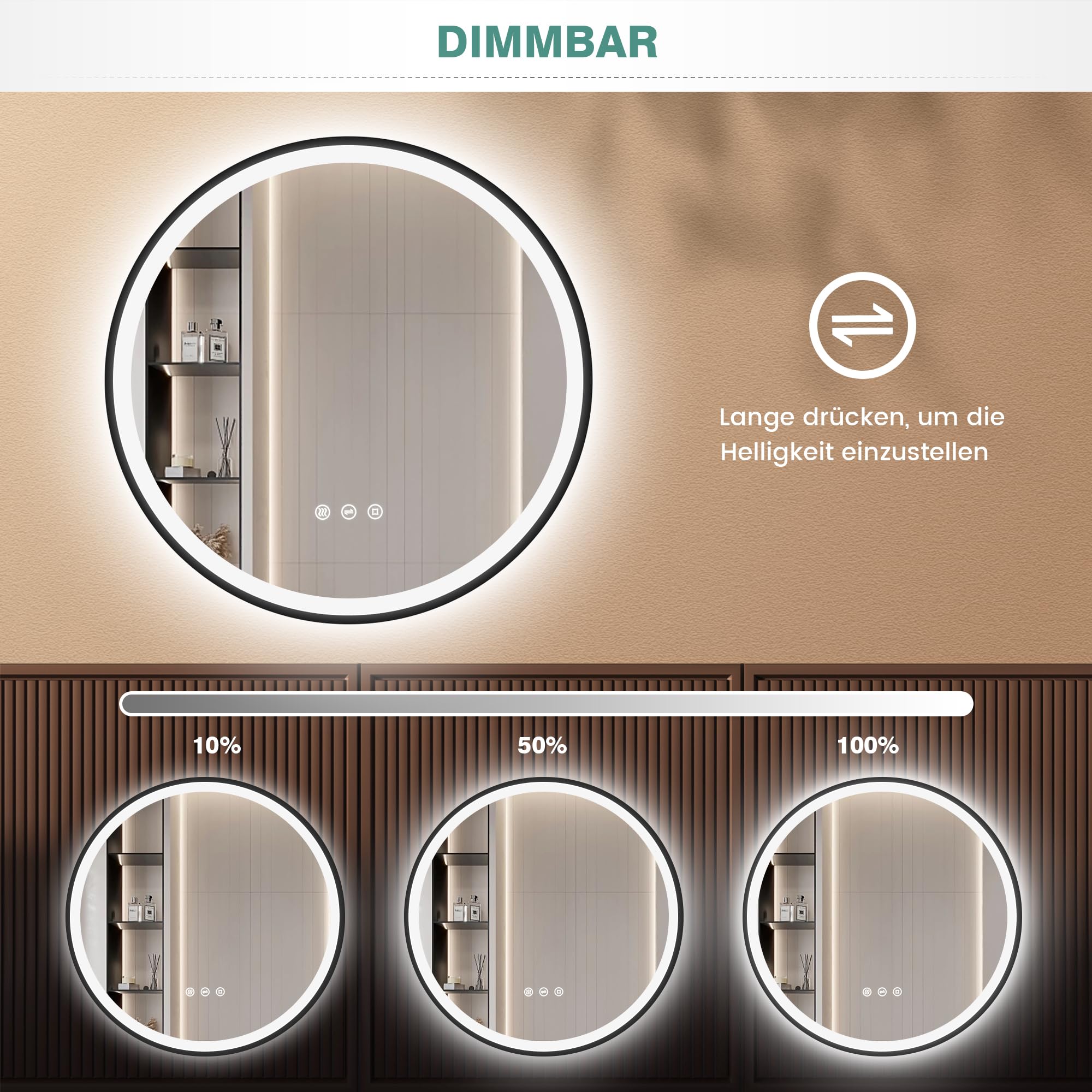 PESENXAN Miroir Rond De 70 Cm Avec Cadre Noir Et éclairage – Miroir De Salle De Bain Anti-buée Avec Intensité Variable, 3 Couleurs De Lumière LED, économie D'énergie, Interrupteur Tactile Et Fonction