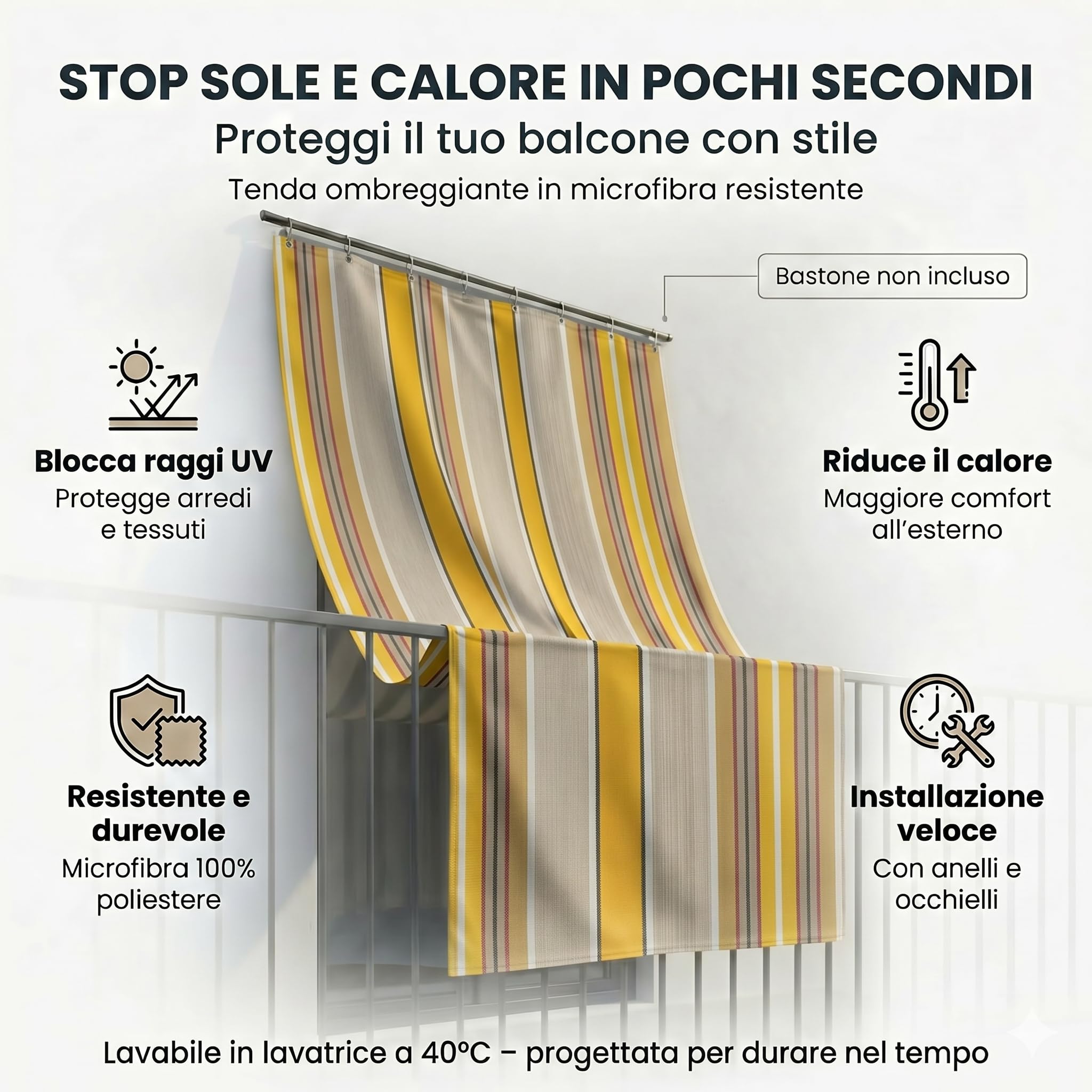 GCARREDOCASA Tende Da Sole Per Balconi 150x300cm - Fissaggio ad Anelli - GIALLO - Tenda da Sole Per Esterno Tessuto Resistente con Anelli Lavabile a Caduta,Telo Ombreggiante Occhiellato Righe Africa