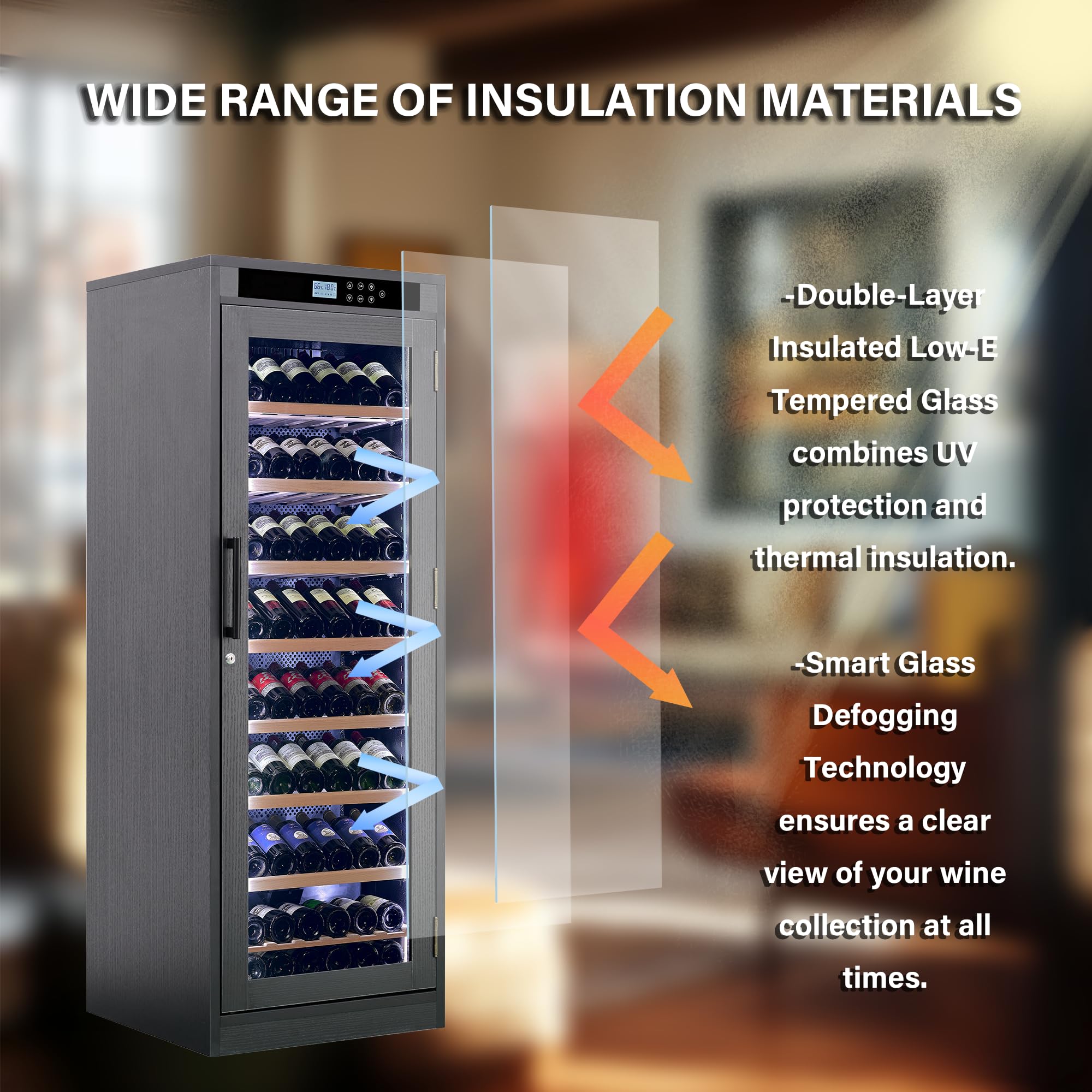 Relaxcabine 102 Bottles Wine Cooler Multi-Tiered, Intelligent Temperature-Controlled 10.6 Ft³ Wine Cabinet, Dual Layer Tempered Glass Door, Black Wood Exterior For Home, Kitchen Or Bar on Fridge.com - View 6