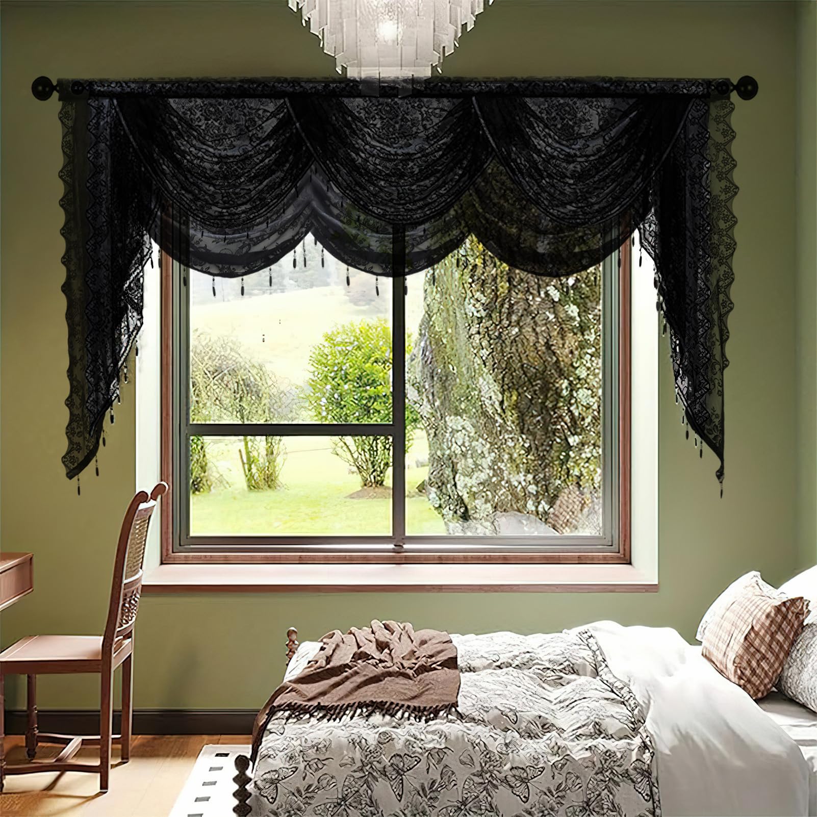apott Black Swag Valance for Windows Waterfall Valance Curtains Beaded Voile Swags Small Lace Drapes for Living Room Bedroom Party 98x 41 Inch - Image 3
