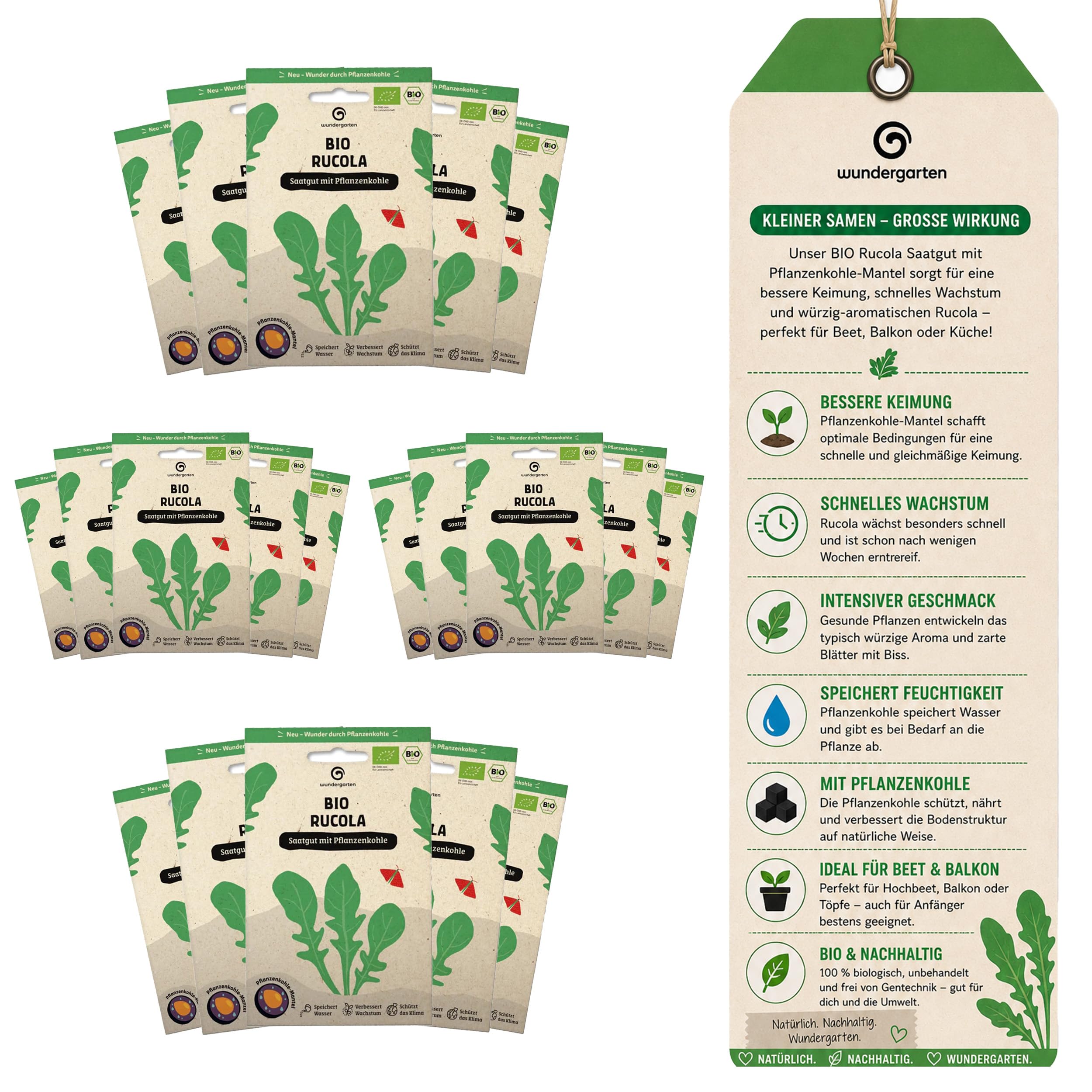 20x Bio Rucola Saatgut – Wundergarten – Mit Pflanzenkohle-Mantel – Schnelle Ernte in 3–4 Wochen – Würziger Rauke Salat für Garten, Hochbeet & Balkon