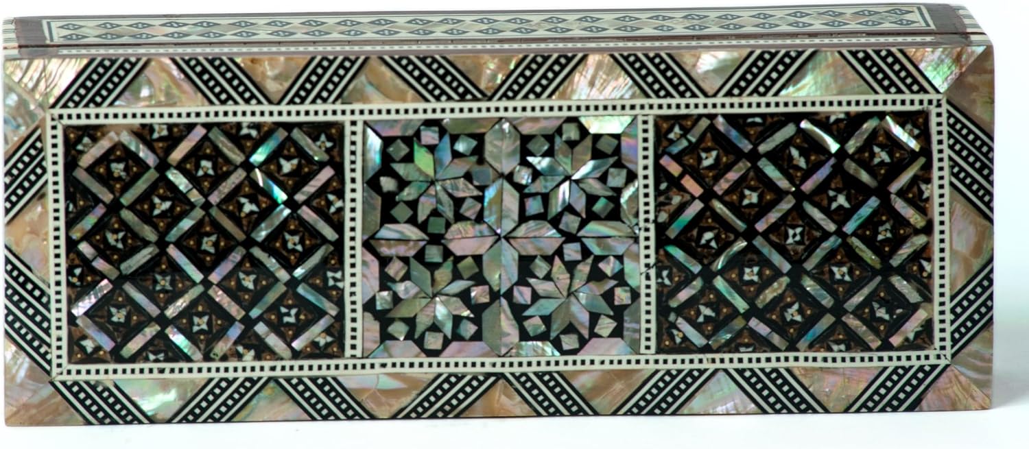 Egyptian Wooden Jewelry Box with Mother of Pearl Inlaid - Long Rectangle Unique Gift Container - Arabesque Pattern Design - Velvet Lined - Made in Egypt