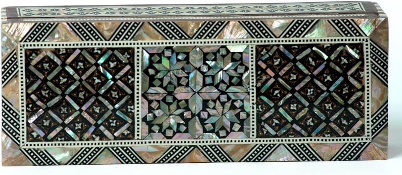 Egyptian Wooden Jewelry Box with Mother of Pearl Inlaid - Long Rectangle Unique Gift Container - Arabesque Pattern Design - Velvet Lined - Made in Egypt