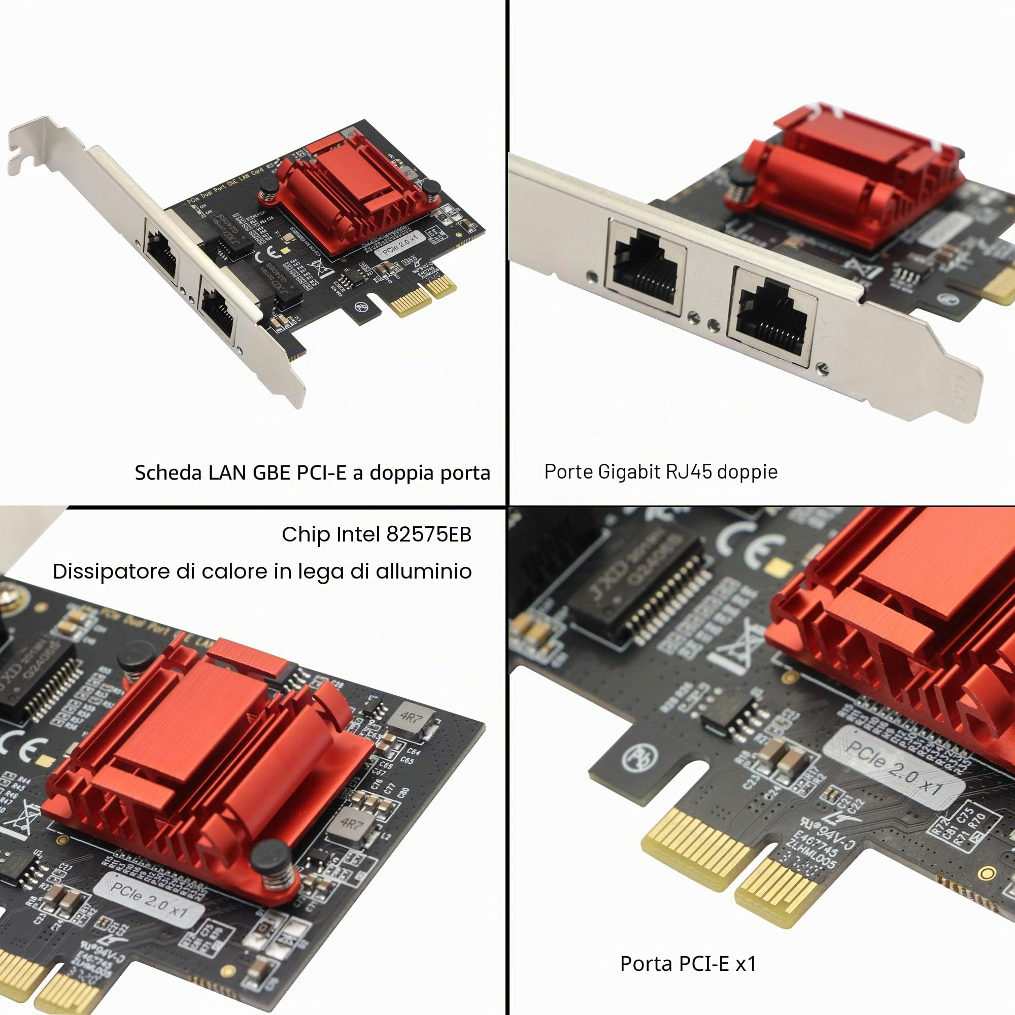 Scheda convergente PCI-E x1 di Gigabit Ethernet a doppia porta, adattatore del controller dell'interfaccia di rete di 2X RJ45 Gigabit,stazioni di lavoro, server, con staffa a basso profilo.