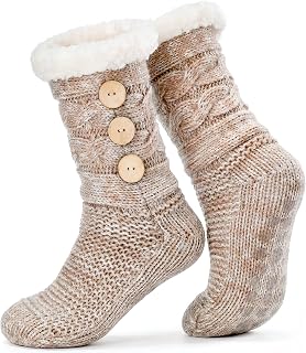 Fuzzy Slipper Socks for Women Non Slip Grippers Cozy Gifts | Plush sherpa lining, cable knit texture, side button detail, one size 6-10, gift-ready box, machine wash cold, air dry