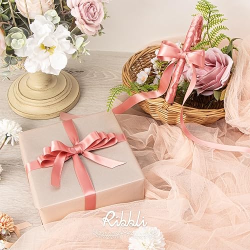 Miniatura 428 de Ribbli - Cinta de satén roja de doble cara, 1 pulgada x 25 yardas, uso para ramo de lazos, envoltura de regalo de Navidad, arreglo floral Rojo