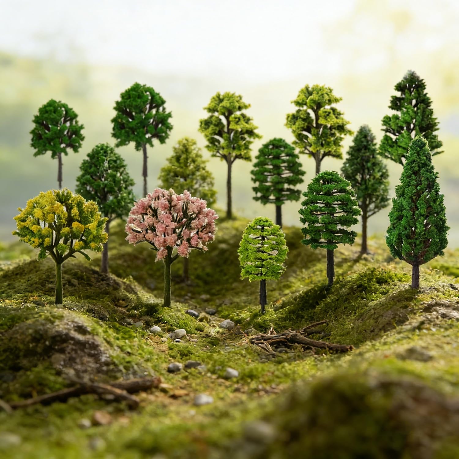 30PCS Miniature Trees for Diorama, Mixed Small Model Trees with 25 * 25 Cm Light Green Turf, Mini Plastic Trees for Crafts for Building Model, Natural Green Landscape, Railroad Scenery