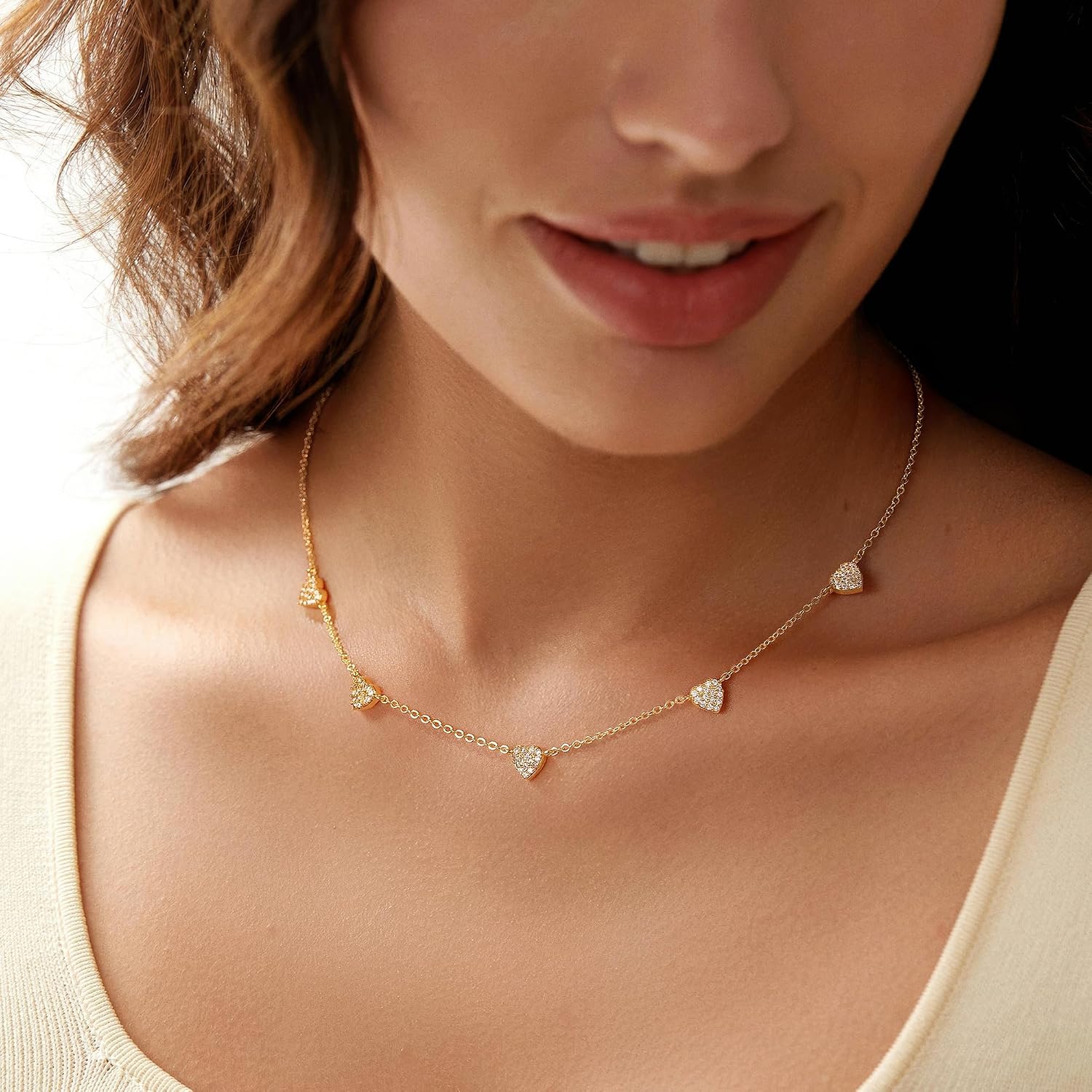 Kette Gold Silber 925 Damen 14K Vergoldet Halskette Damen Kleeblatt Herz Perlen Cubic Zirkonia Choker Ketten Wasserfest Charm Statement Kette Modeschmuck Geschenke E-zirconia heart necklace gold