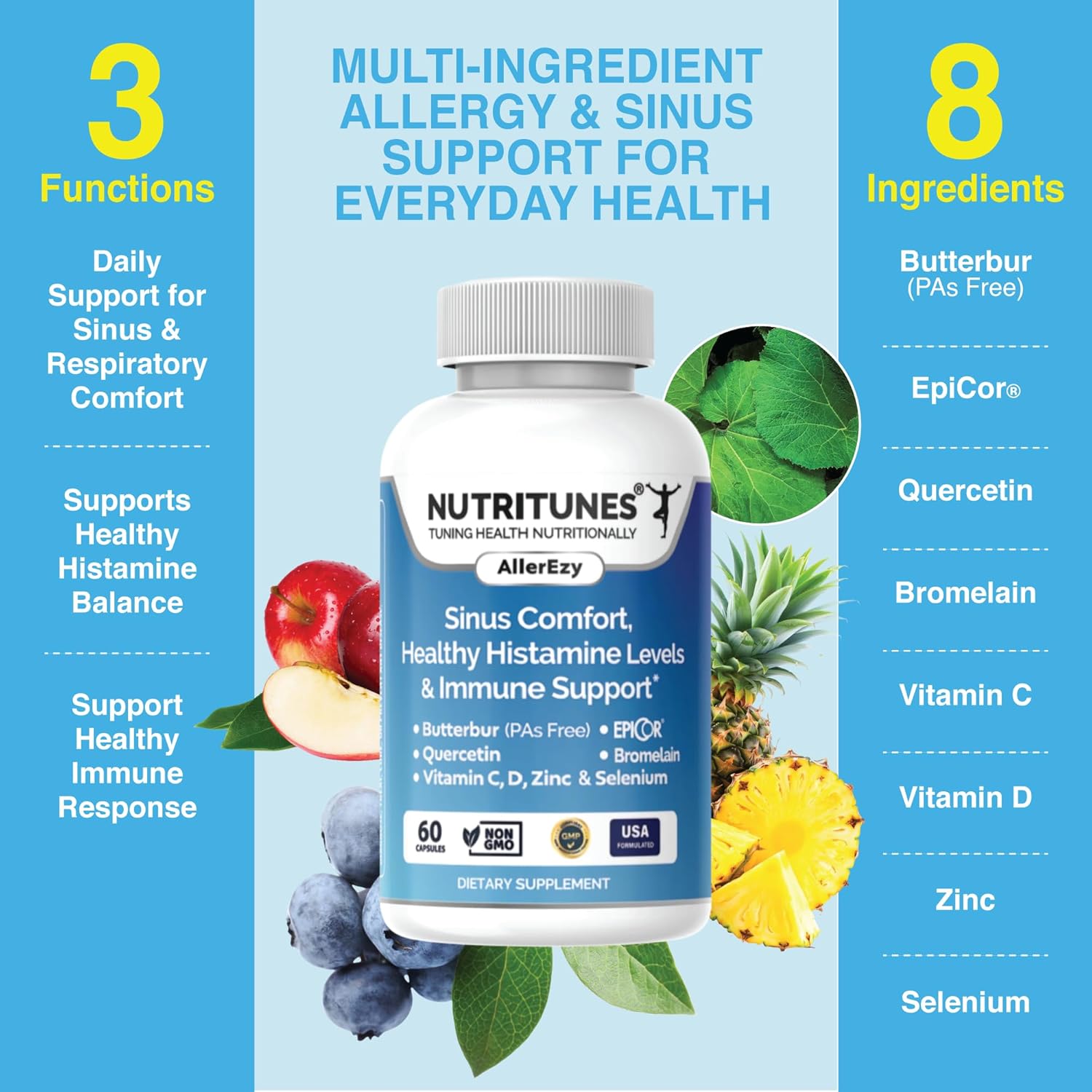Respiratory, Sinus & Immune Support Supplement – Butterbur (PA-Free), EpiCor, Quercetin & Bromelain – 60 AllerEzy Capsules