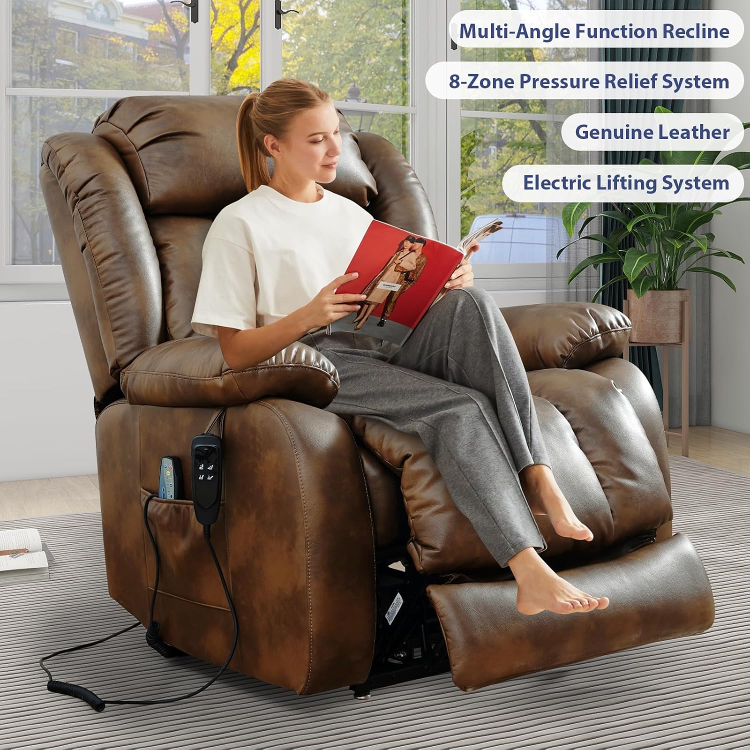 MAEVIS Large Genuine Leather Power Lift Chairs, Dual Motor Recliner for Elderly,Extended Footrest and Lumbar Pillow for Tall Man,with Heat and Massage, USB and Type-C Ports(Ochre)