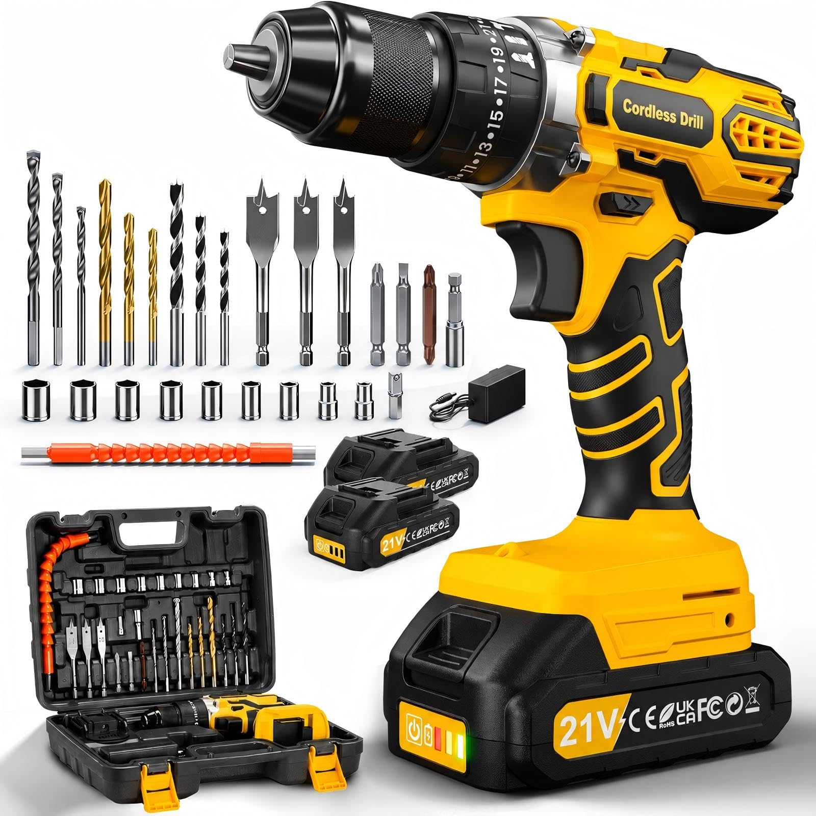 21V Taladro Percutor a Bateria, 45NM Taladro Atornillador Batería, 25+3 Ajuste Par Destornillador Electrico, 2x2.0Ah Baterías, 10mm Portabrocas Metálica, 2 Velocidad, 27 Accesorios, LED Luz