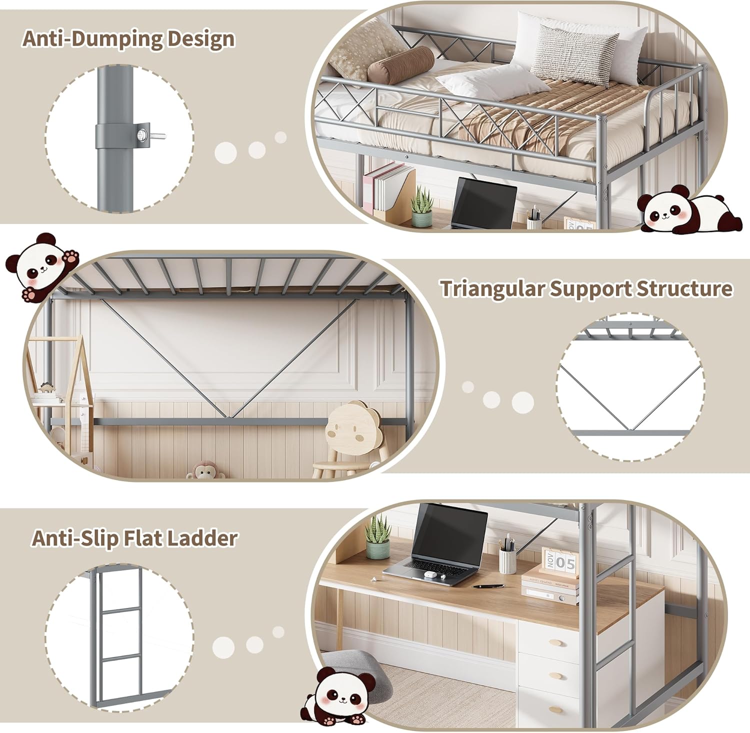 Garvee Twin Size Loft Bed, Heavy Duty Metal Frame with Arched Guardrail, Flat Ladder Rung, and Steel Slat Support, No Box Spring Required, Space Efficient, Gray