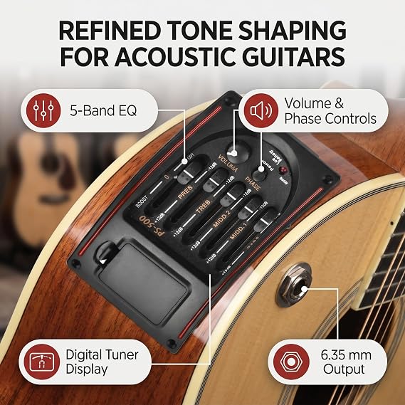LiebeWH Acoustic Guitar Pickup Preamp 5 Band Equalizer Tuner Piezo Volume Control for Stage Studio Professional