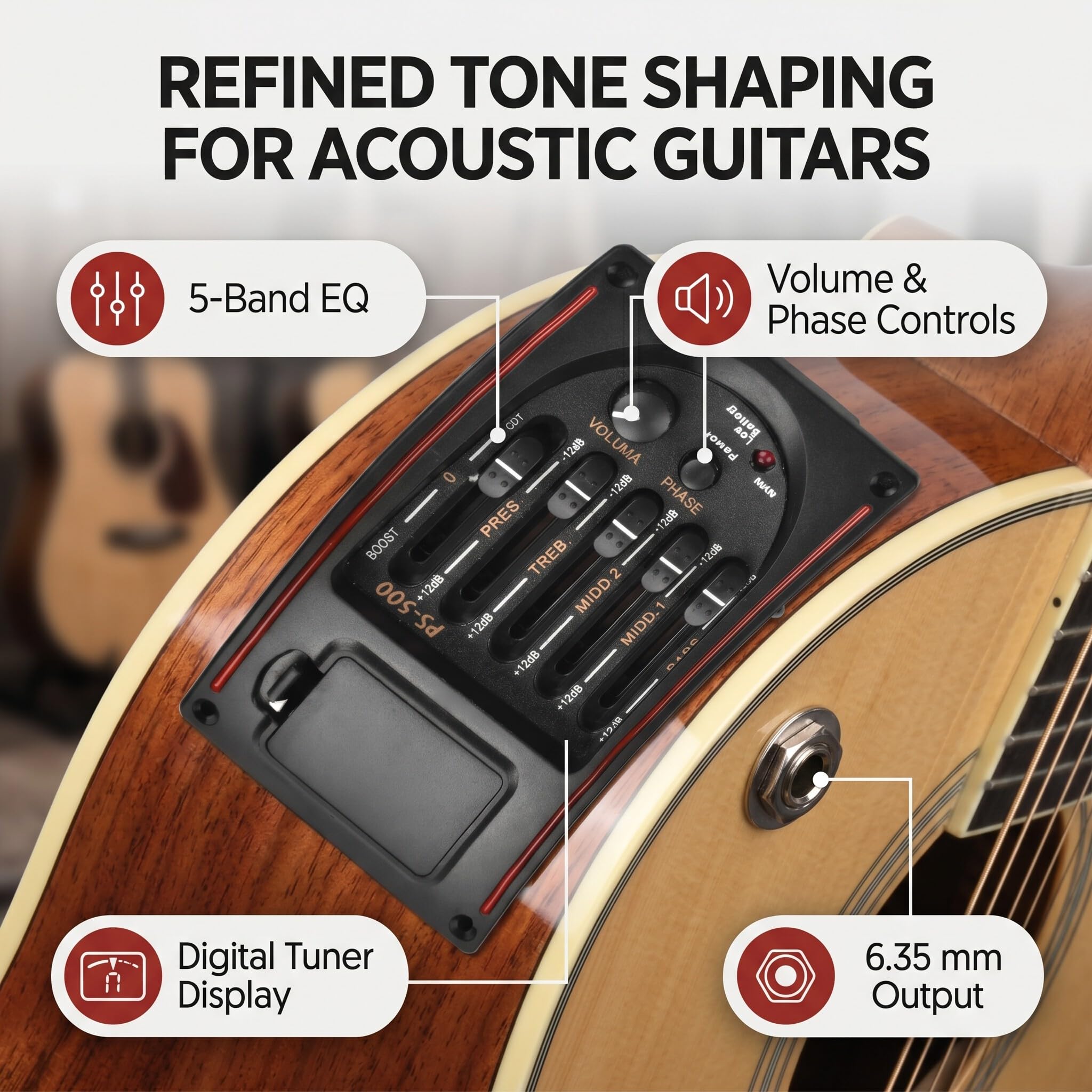 EQ Gitarren-Equalizer PS-500 5-Band-Equalizer Akustikgitarren-Equalizer-Tuner Digitaler Tonabnehmer für Akustikgitarre Zubehör für Musikinstrumente