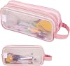 Lancry Clear Pencil Case, Large See Through Pencil Case with 2 Compartments for Boys, Girls & Women, Transparent Mesh Pouch for Stationery, Makeup, Travel & Office Supplies (Pink)