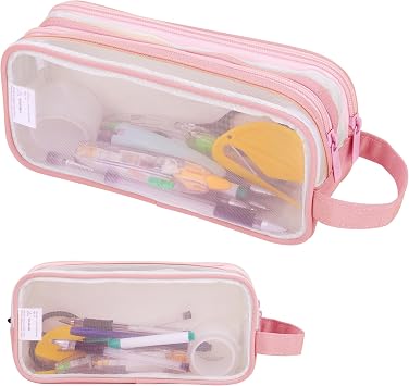 Lancry Clear Pencil Case, Large See Through Pencil Case with 2 Compartments for Boys, Girls & Women, Transparent Mesh Pouch for Stationery, Makeup, Travel & Office Supplies Pink