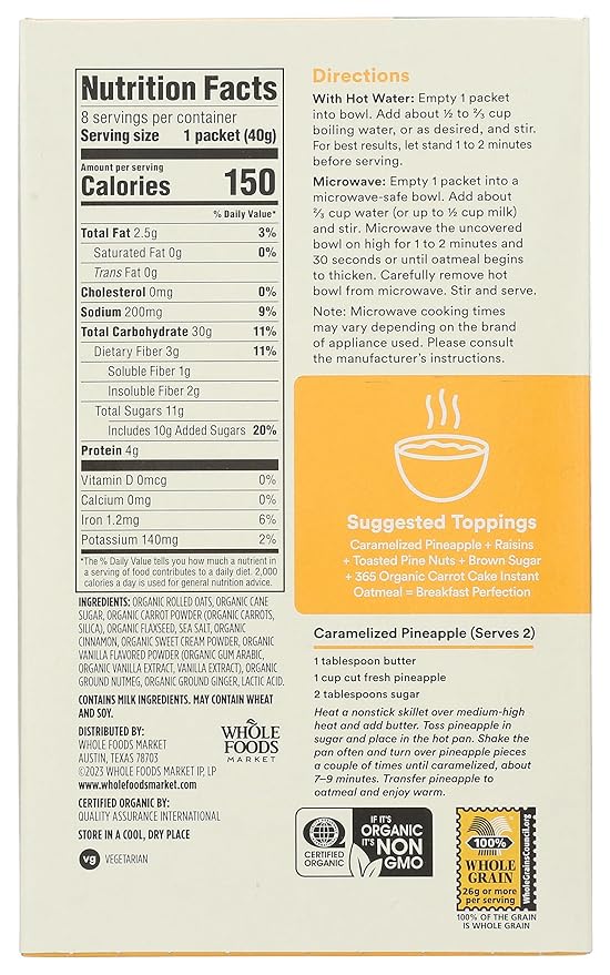 Avena Instantánea Orgánica Sabor Pastel de Zanahoria 365, 8 Unidades miniatura 2