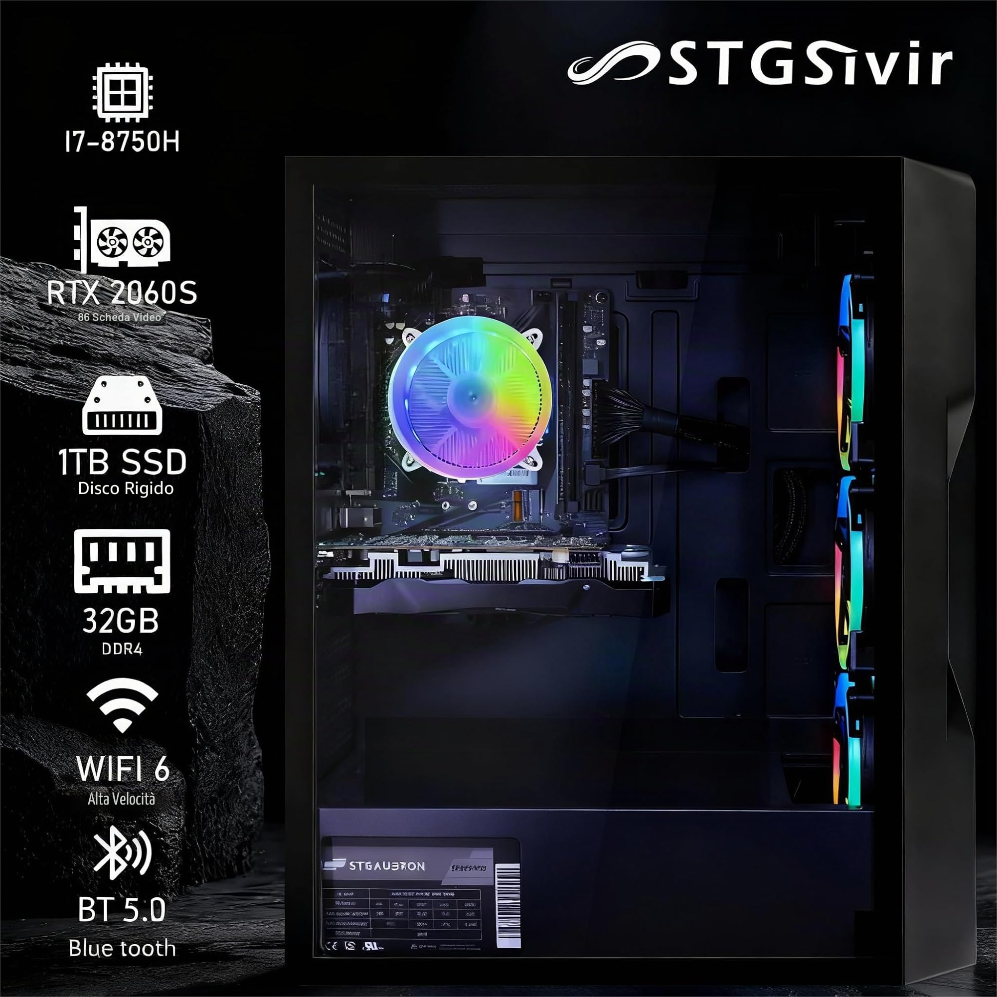 STGSivir PC Gaming Fisso, Computer Gaming, Core i7 8 gen fino a 4.1 GHz • Nvidia RTX 2060 Super 8GB GDDR6 • 32GB DDR4 RAM • 1TB SSD • WiFi 6 • BT • Windows 11 Pro