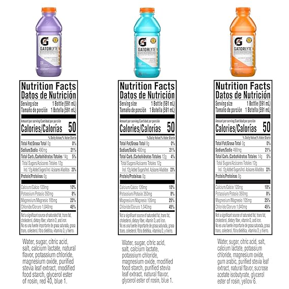 Gatorlyte Rapid Rehydration Electrolyte Drink, 3 Flavor Variety Pack 2.0, 20 fl oz Bottles (12 Pack), Specialized Blend of 5 Electrolytes, Lower Sugar, No Artificial Sweeteners, No Artificial Flavors, Gatorade, Hydration