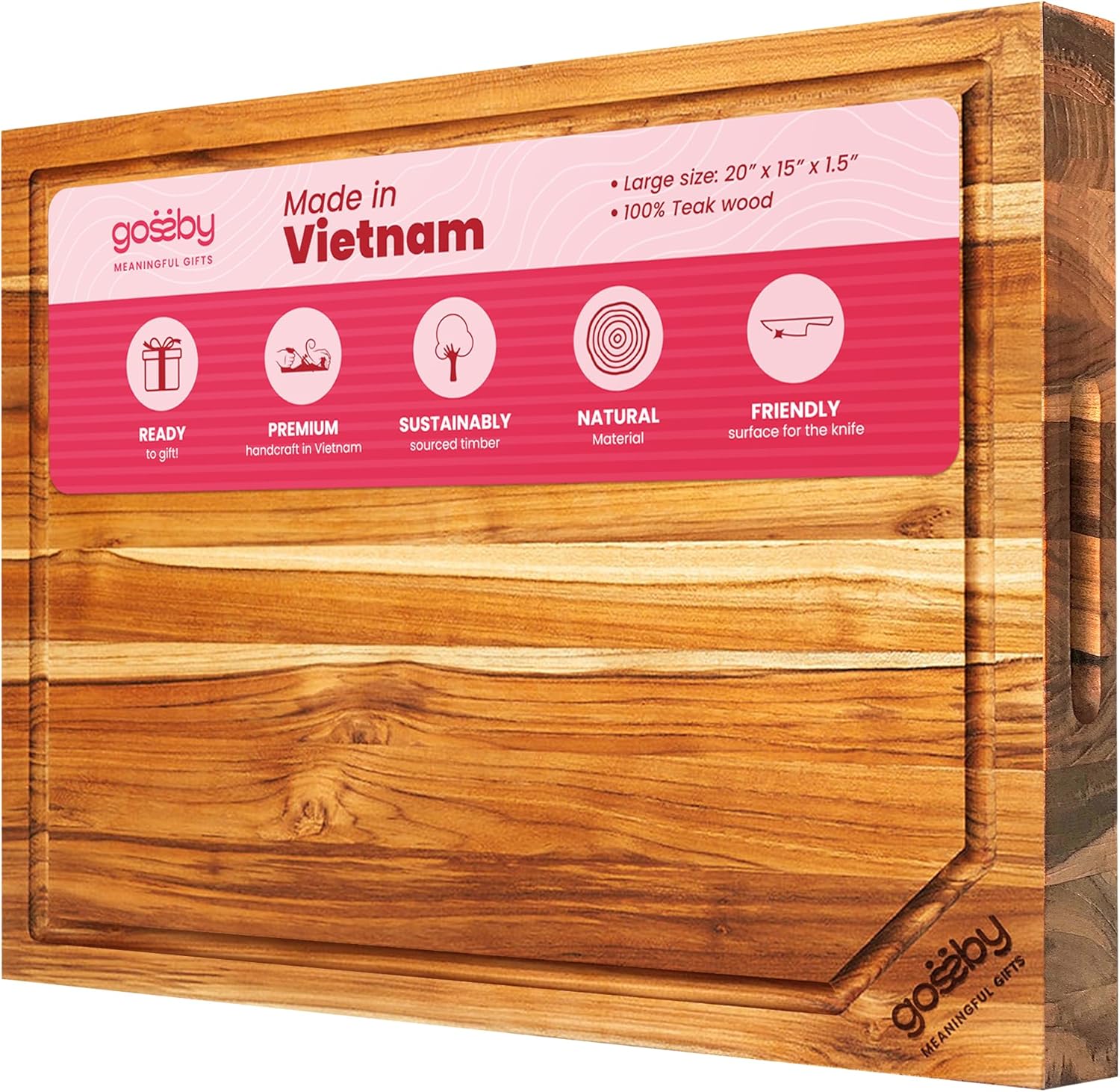 20x15x1.5 Inch Gossby Teak Wood Cutting Board – Large BBQ, Charcuterie, Meat Cutting Board for Men, Women– Kitchen, Housewarming, New Home Gift – Perfect Balance Design – Deep Juice Groove – Food-safe