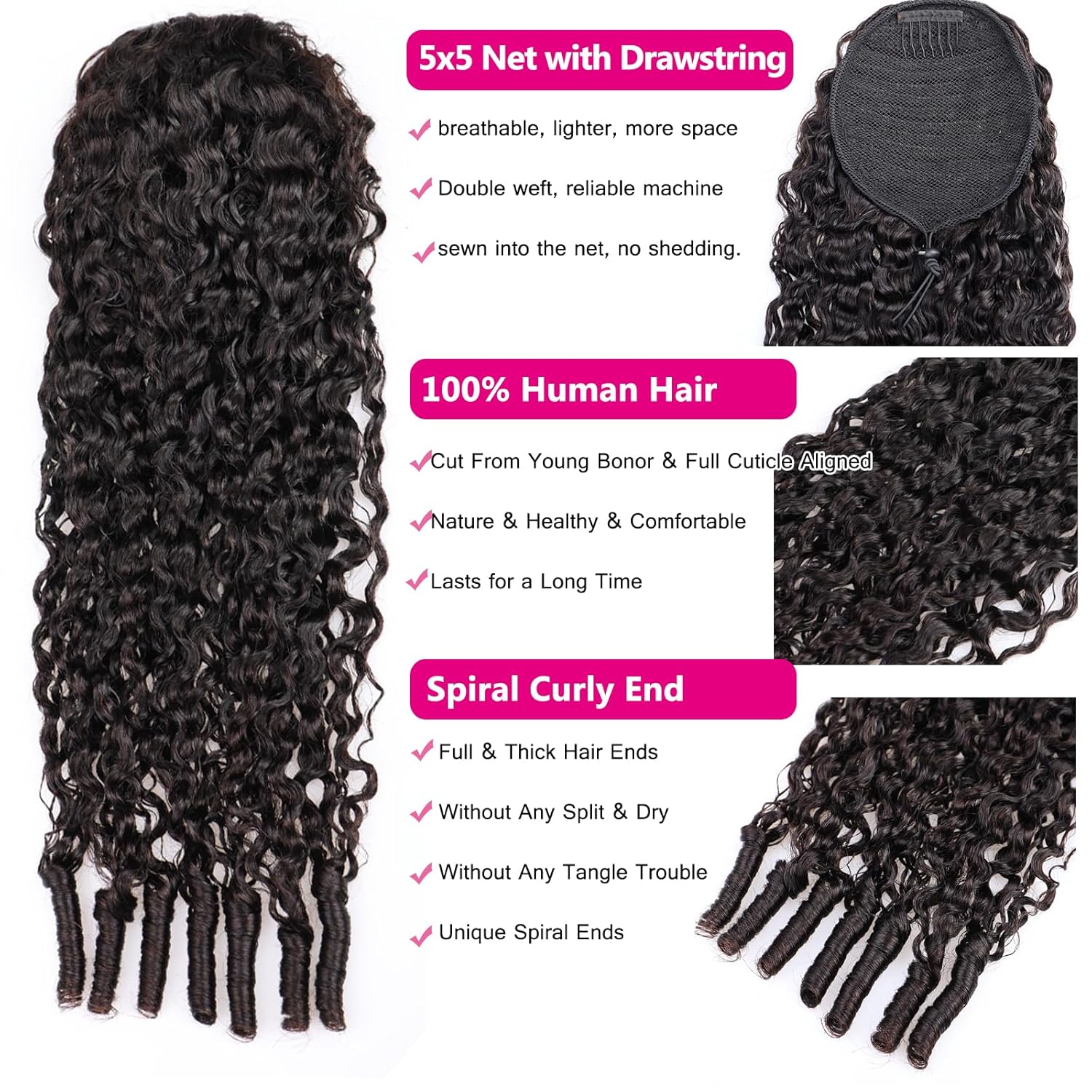 YMS Burmese Curly Ponytail Extensions Human Hair 14 Inch 3C4A Curly 16A Unprocessed Burmese Raw Human Hair Ponytail for Women Natural Color Clip Ins Drawstring Hair Pieces with Spiral Curls