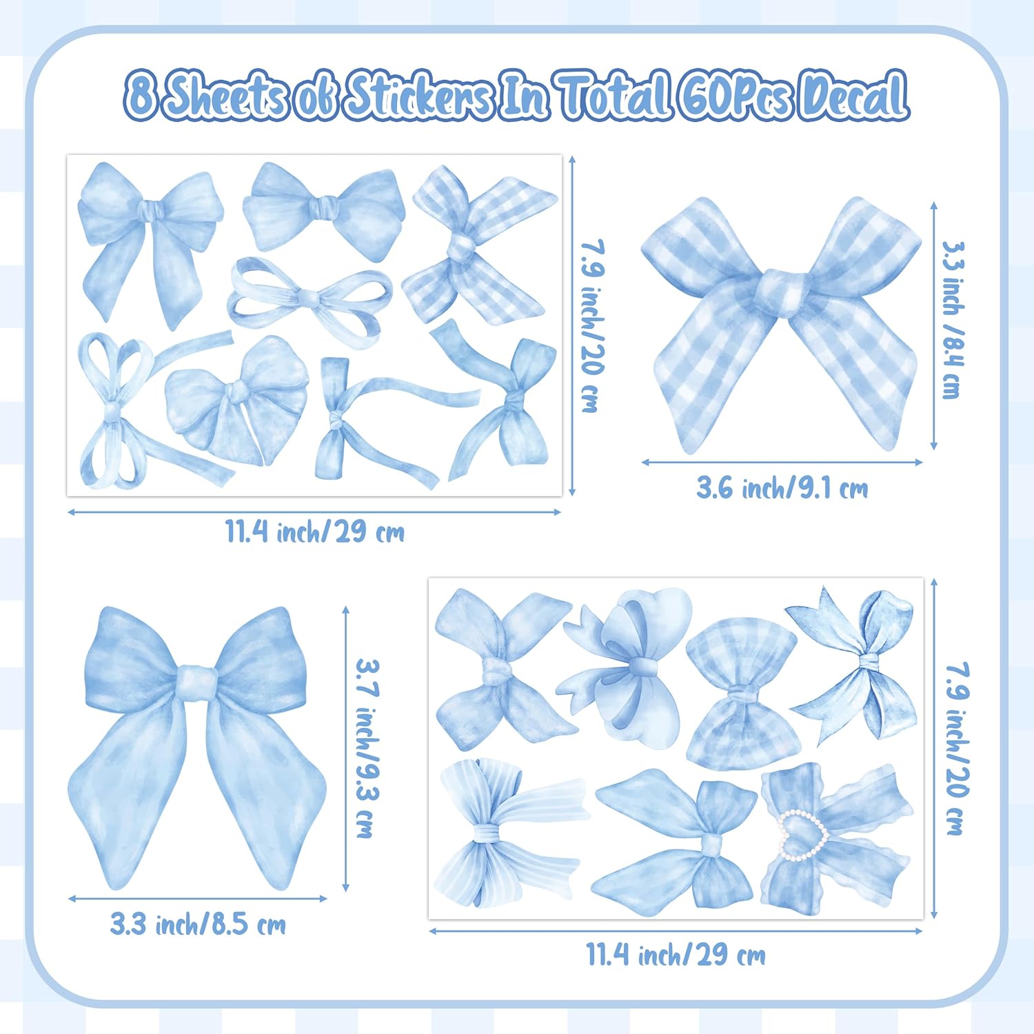 A1diee Blue Bow Wall Stickers - 60Pcs Trendy Light Blue Watercolor Coquette Aesthetic Wall Stickers Bow Knot Baby Room Decor Vinyl Decals Art Wallpaper for Boys Girls Bedroom Kindergarten Nursery