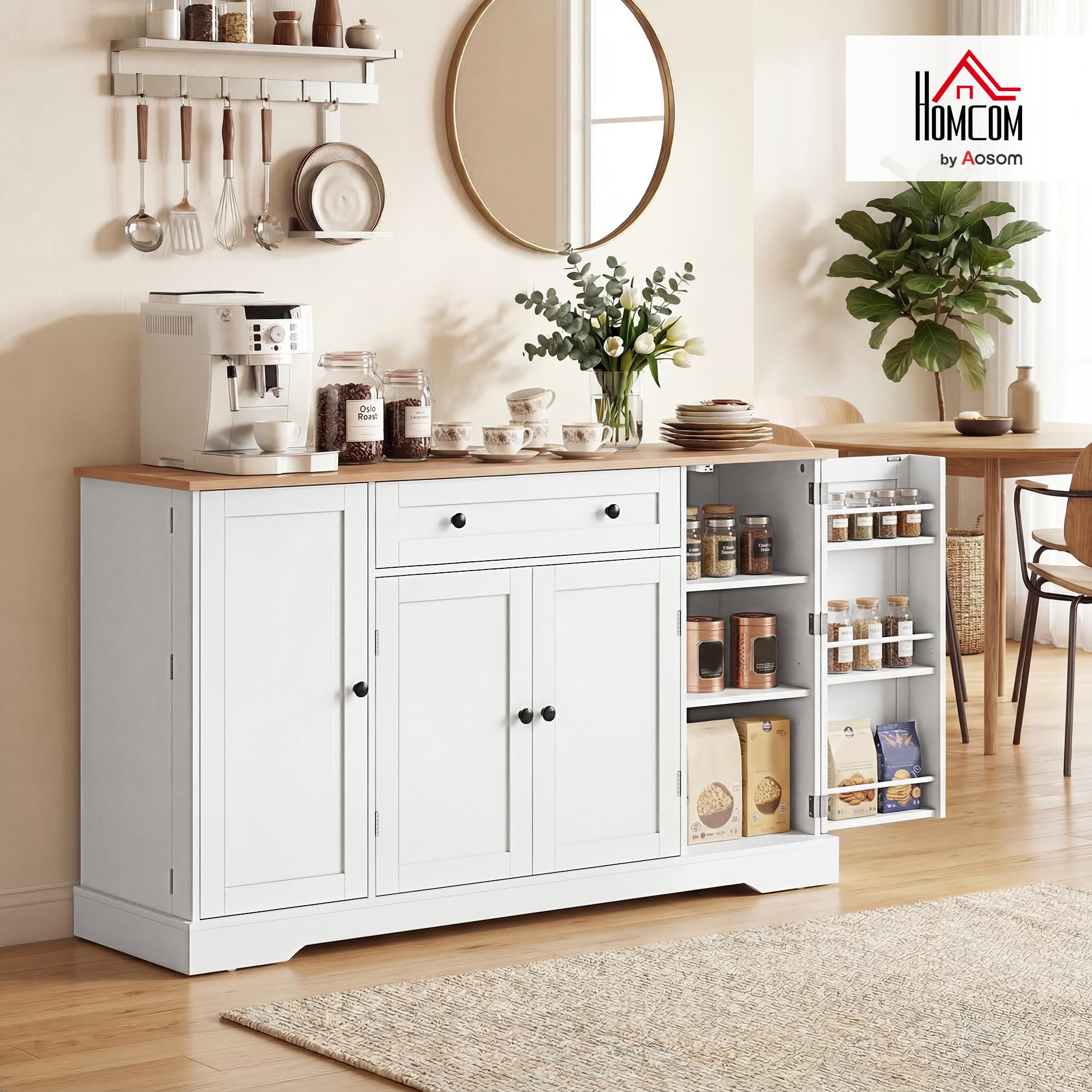 HOMCOM Aparador Armario de Cocina Moderno con Cajón 138x40x83,5 cm Blanco | Estantes en las Puertas, Estantes Ajustables, Barra de Café, para Cocina, Comedor