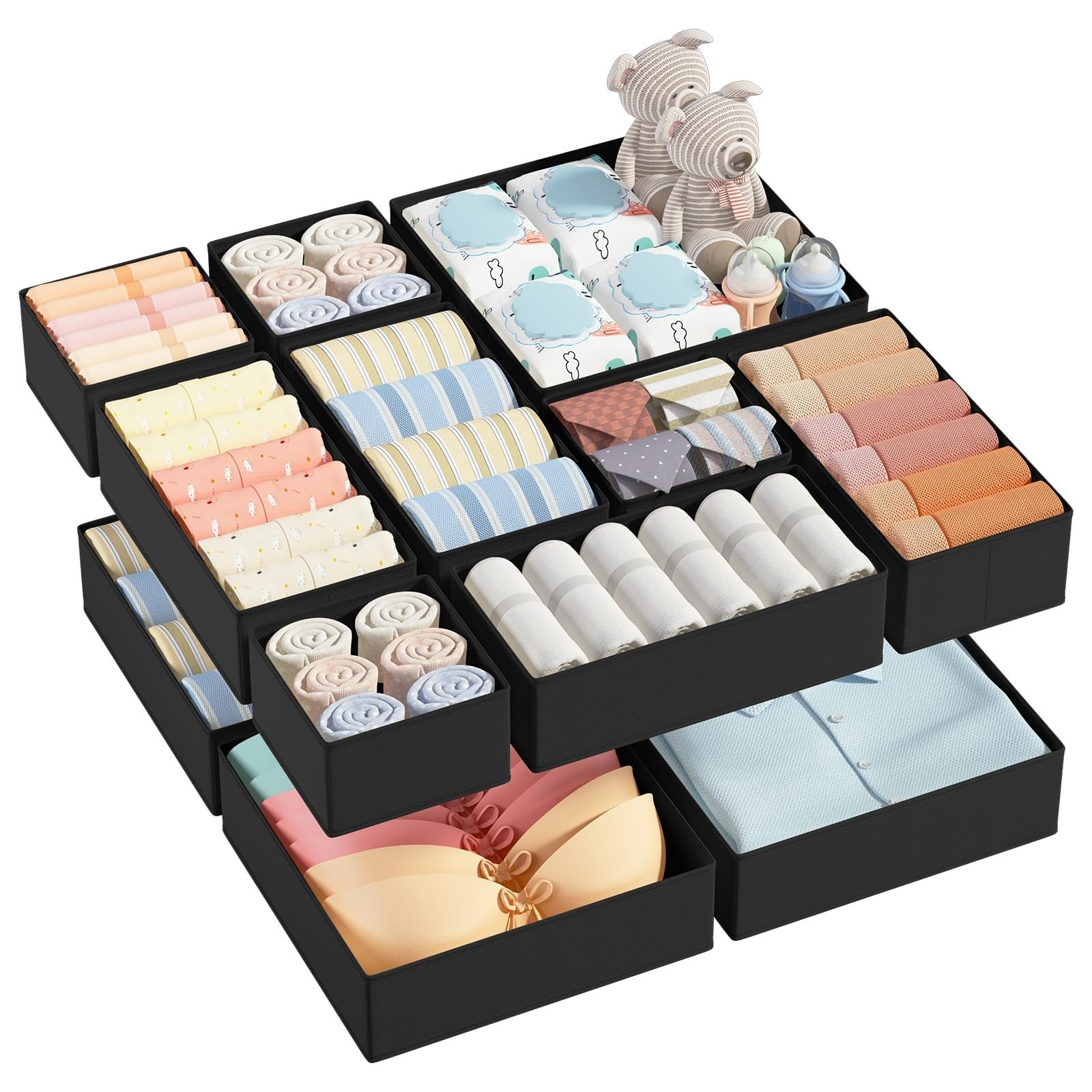 DIMJ Schubladen Ordnungssystem - Schubladen Organizer, Ordnungssystem Kleiderschrank Stoff Unterwäsche Organizer, Kleiderschrank Organizer Faltbare für Kleidung, Socken, BHS, SN145-W12SFT, 250523FT