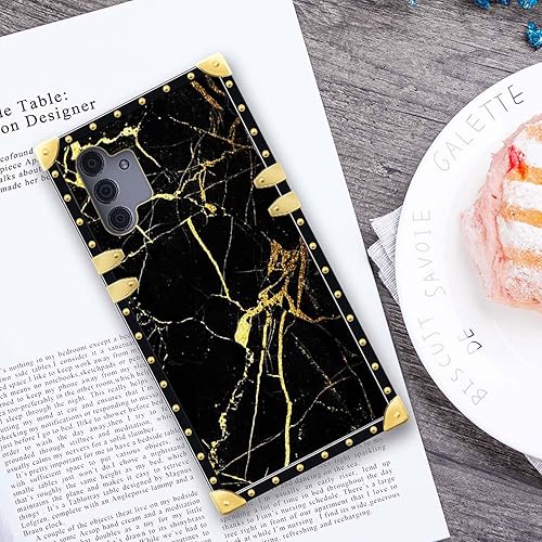 Miniatura 4 de Compatible con Samsung Galaxy A13 5G, patrón de mármol negro dorado dorado protección de borde dorado, cuadrado, TPU suave, a prueba de golpes,