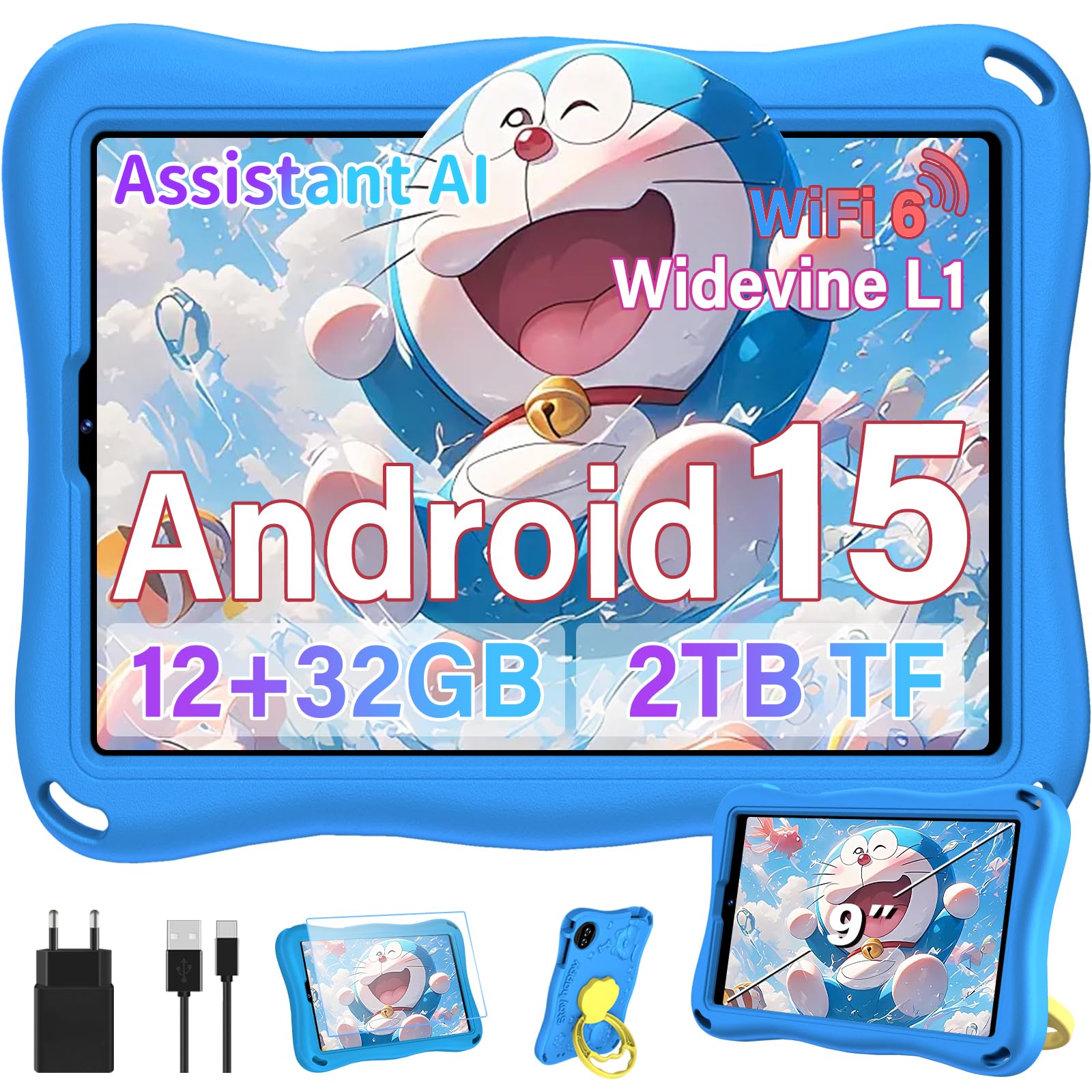 Tablet Android 15 Tablet 9 Pollici, 32GB ROM (TF 2TB), Octa-Core, Widevine L1, GMS, 5G+2.4G WiFi 6, 5 + 8 MP, 1340 * 800 Pixel, 5000mAh, Bluetooth 5.0, Control parentale, Eva - Blu
