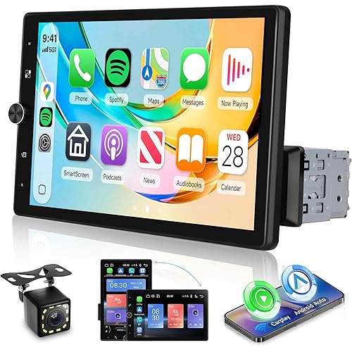 Single Din Car Stereo with Wireless A-pple Carplay Android Auto, 10.4" IPS Adjustable Screen Angle Car Radio 1 Din with Backup Camera Car Audio Receiver Mirror Link Bluetooth FM EQ SWC