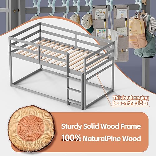 Miniatura 5 de TOLEAD Litera baja individual sobre individual, litera de suelo con escalera, litera individual con barandillas completas, litera de madera para