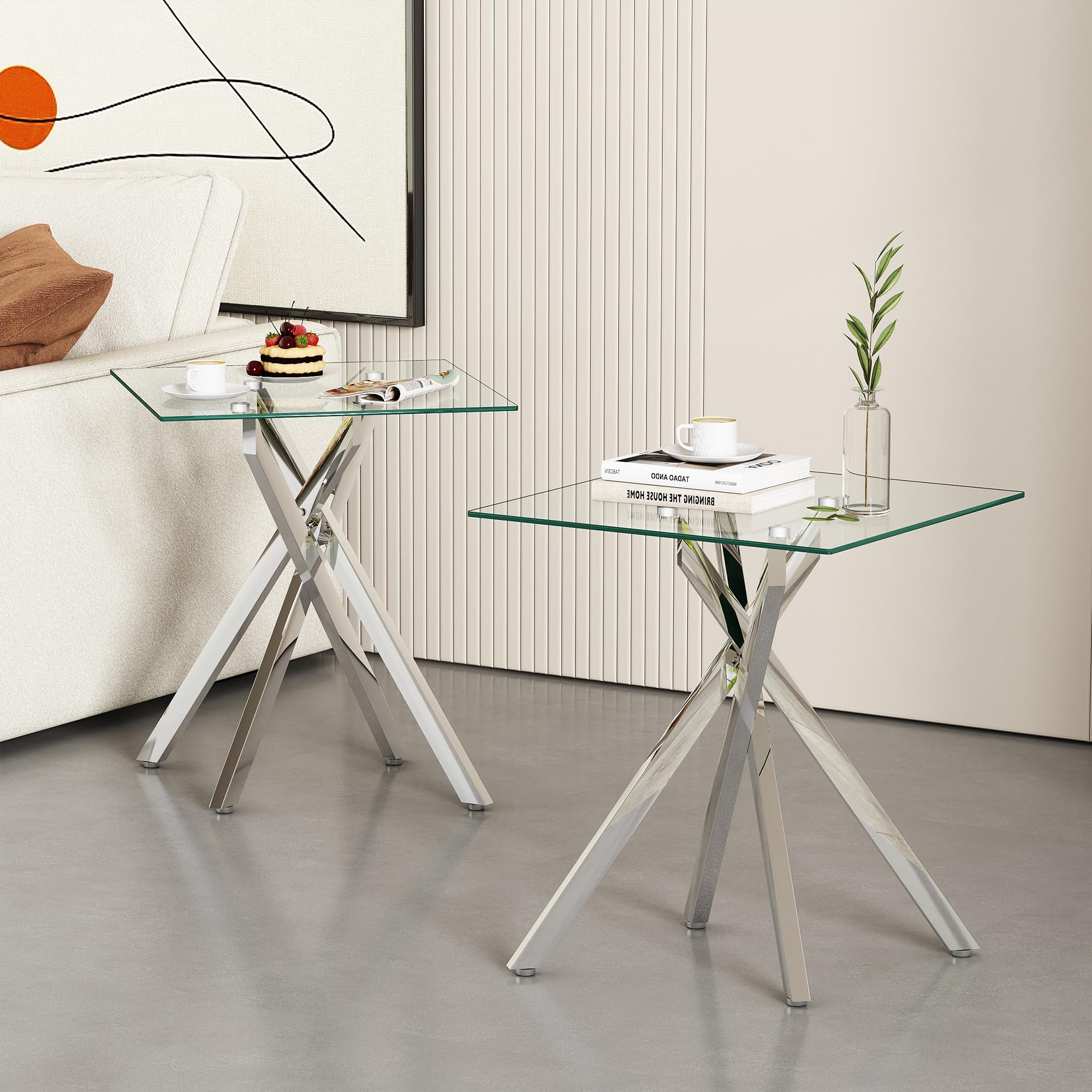 Amazon.com: Glass End Table Set of 2, Modern Square Side Table with ...