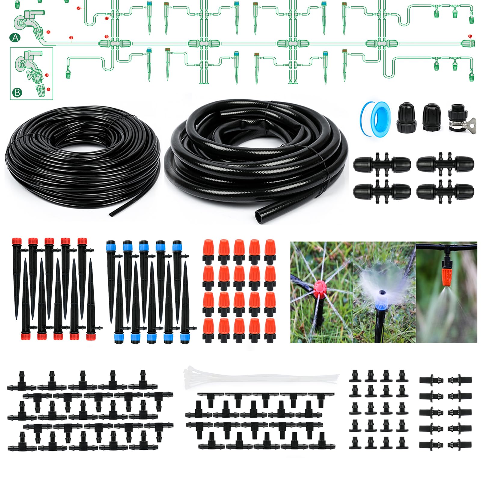 Bonviee 169FT Drip Irrigation System, Garden Watering System with 1/2"& 1/4" Tubing, Adjustable Drip Emitters and Barbed Fittings, Automatic Drip Irrigation Kit for Raised Garden, Greenhouse, Lawn