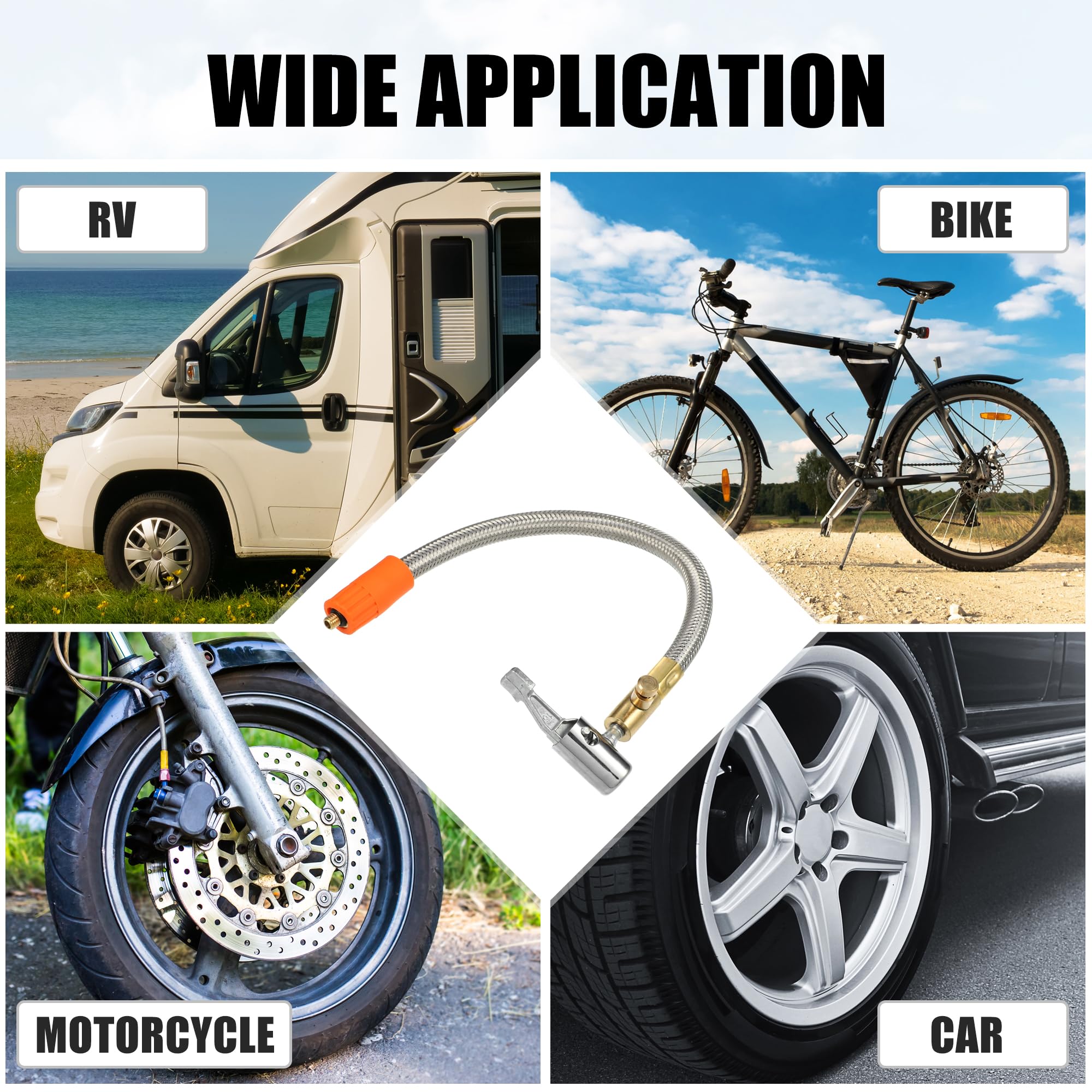 QUARKZMAN 11.8" Tubo Gonfiatore Pneumatico con Valvola Rilascio Aria 1 Pz | Acciaio Inossidabile. Argento. 30 Cm (11.8"). Filettatura M6x1. Doppio Mandrino. Uso: Auto Moto Bici. Max 300 Psi.