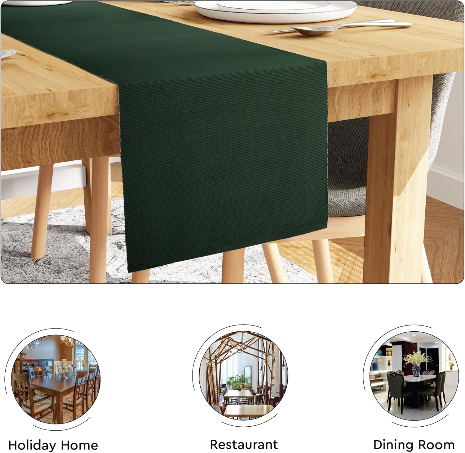 Encasa XO Dining Table Runner 13"x59" | Yarn Dyed Fine Ribbed Cotton | Dark Green | Machine Washable - Image 4