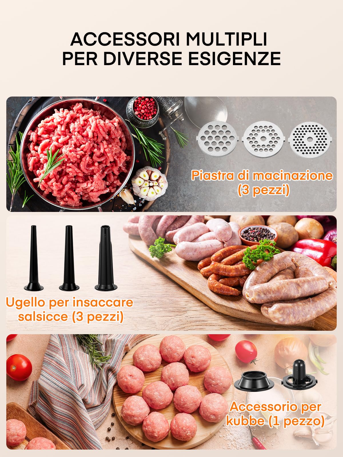 FOHERE Tritacarne Elettrico 3200W Max con 3 Piastre e 3 Tubi | Tritacarne professionale in acciaio inox con 2 lame e kit Kubbe per casa e selvaggina