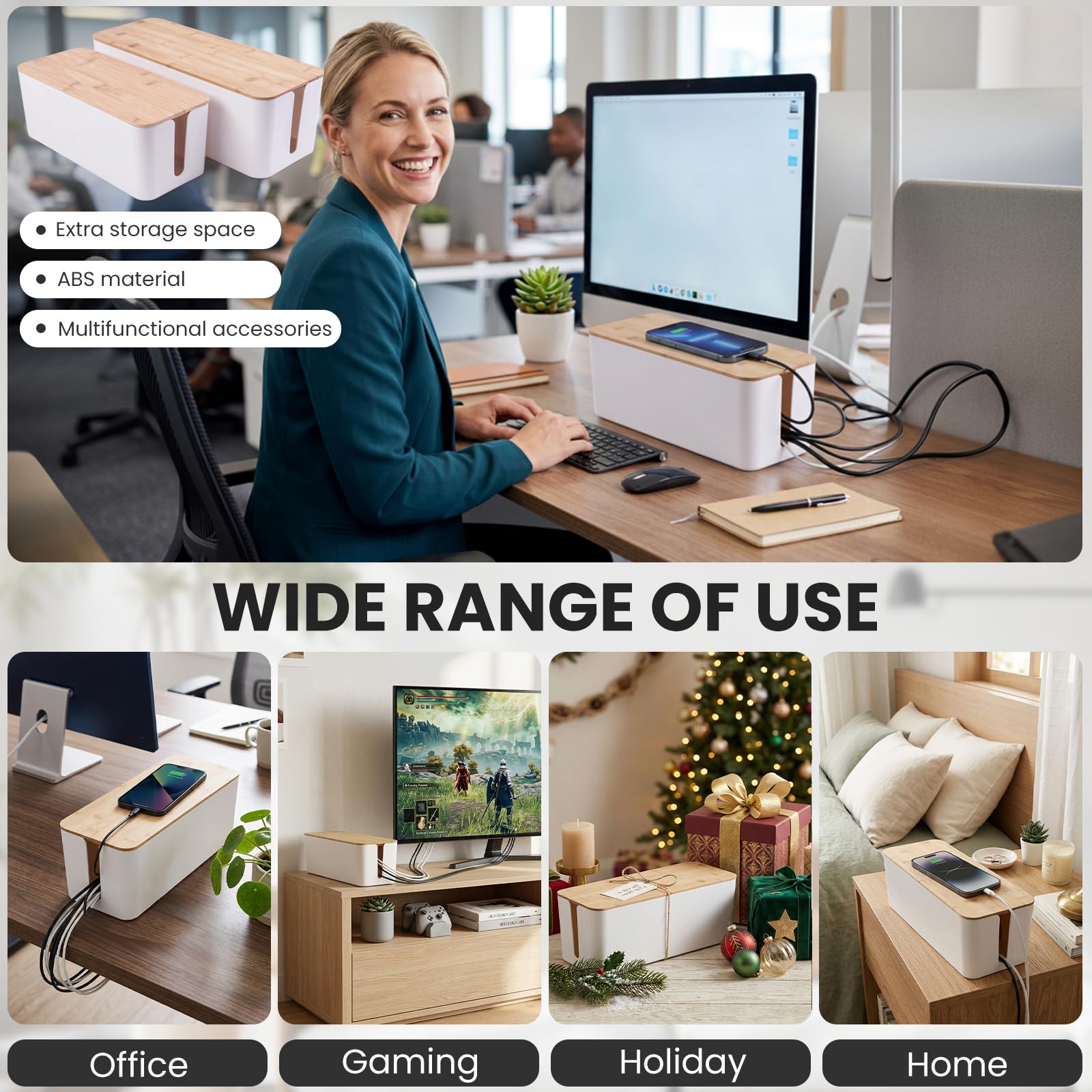 Paquete de 2 cajas de gestión de cables, caja organizadora de cables con tapa de madera para cables de TV, regletas de alimentación, router, concentrador USB y alimentación debajo del escritorio