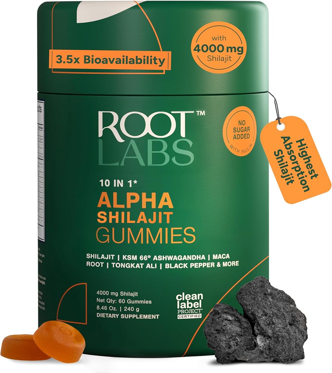 ROOT LABS 10-in-1 Alpha Shilajit Gummies | 4000 mg Pure Himalayan Shilajit, Tongkat Ali, Maca Root, 75% Fulvic Acid | ShilAbsorb Bioavailability Tech | Sugar-Free Vegan, 85+ Trace Minerals | 60 Pack