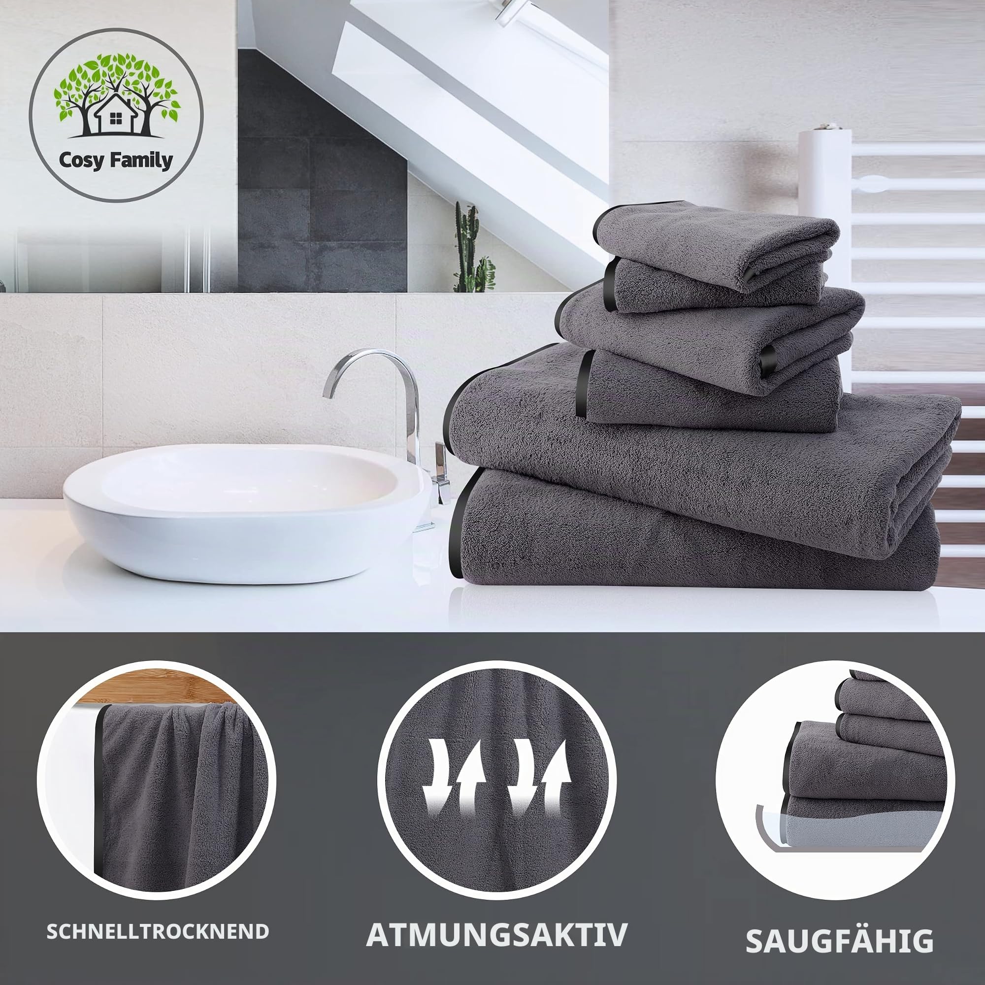 Cosy Family Mikrofaser-Handtuch-Set, 8-teilig, 2 Badetücher, 2 Handtücher und 4 Waschlappen, ultraweiche, sehr saugfähige Handtücher für Badezimmer, Fitnessstudio, Hotel, Strand und Spa (Dunkelgrau)
