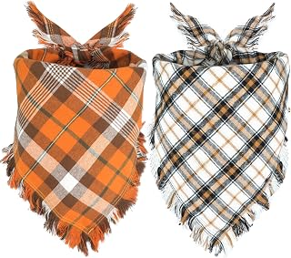 Viretec Fall Dog Bandanas, 2 Pack Autumn Buffalo Plaid Classic Dog Scarf for Boy and Girl, Double-Sided Design Triangle Kerchief, Adjustable Washable Dog Bandanas for Small Medium Large Dogs Cats
