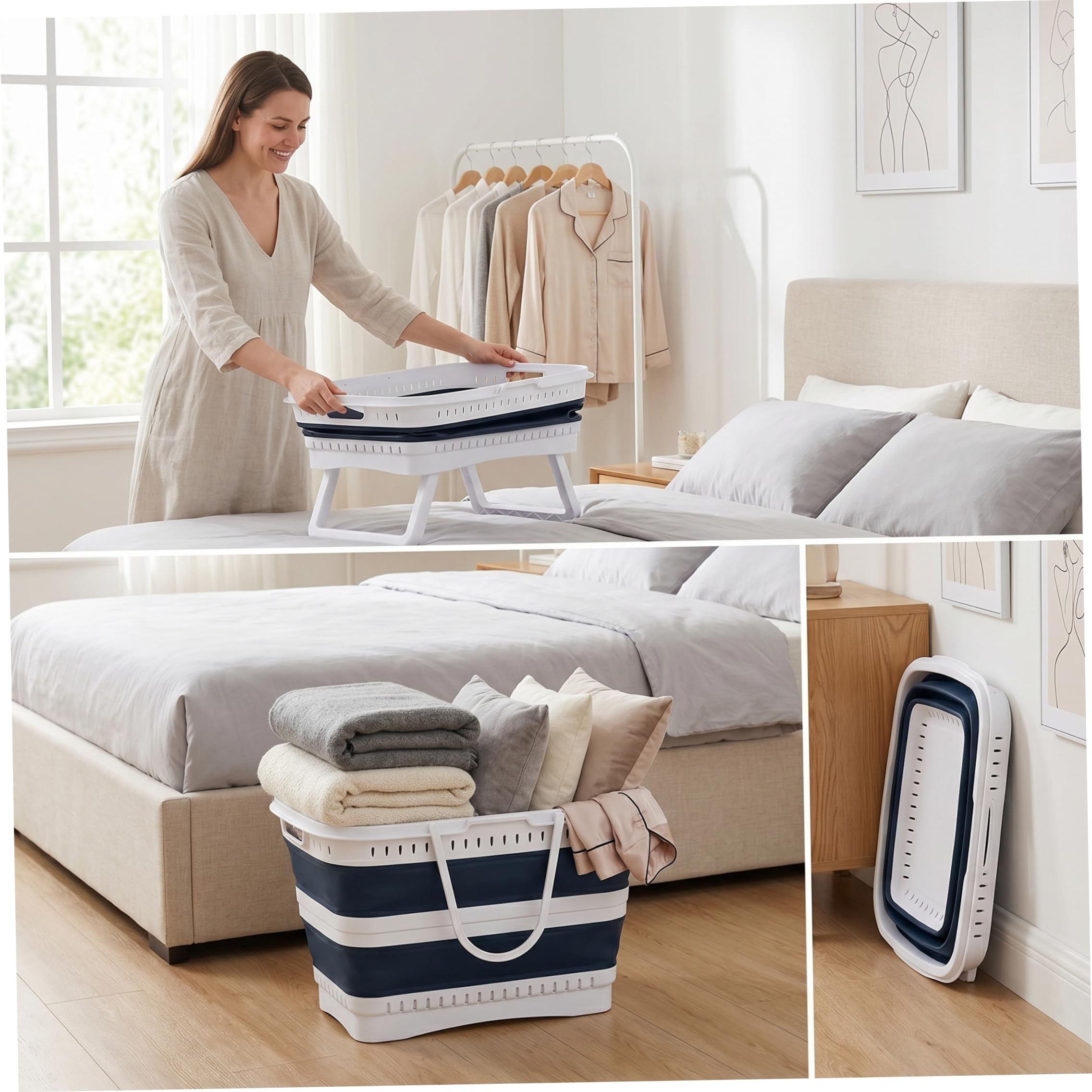 Cesto portabiancheria pieghevole in plastica con gambe, cesto pieghevole di capacità da 26 litri con manici per bagno, camera da letto, cucina, sala giochi, dormitorio, blu scuro.