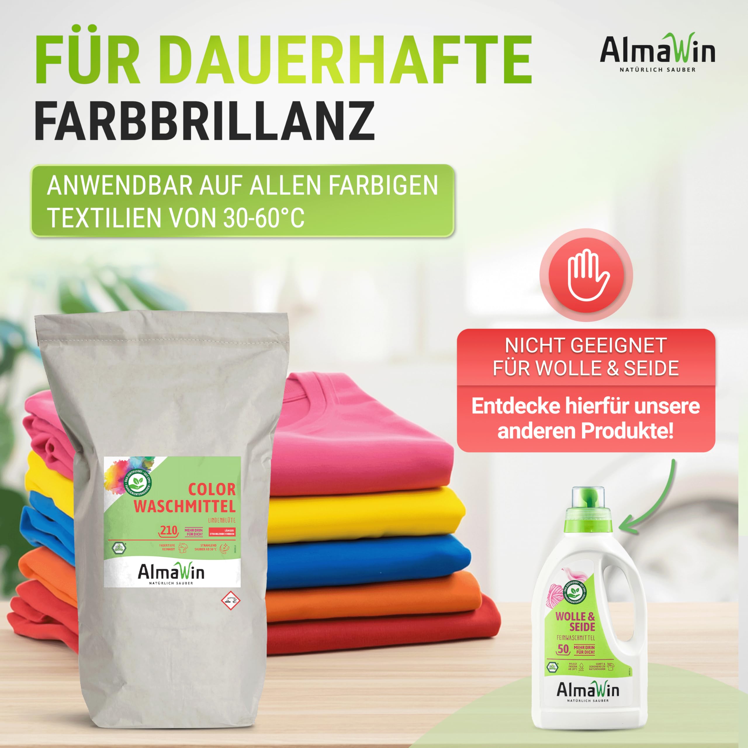 AlmaWin® Color Waschpulver [10kg - 210 Ladungen] mit Lindenblüten-Duft für strahlende Reinheit – Öko Waschmittel Pulver Color anwendbar für 30-60°C – Veganes Bunt-Waschpulver
